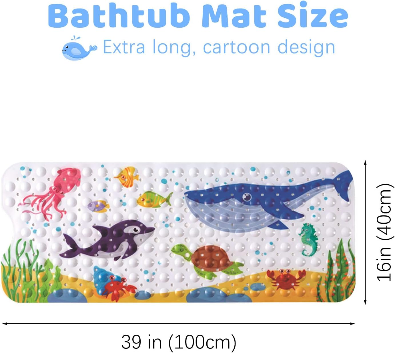 Shower Mat Bathtub Mat Non Slip, Extra Long Bath Mat for Tub with Drain Holes and Suction Cups, Machine Washable Wet Floor Non-Slip Elderly Kids Pregnant Women Bathroom 39 X 15 Inches (Blue Whale) image number 1