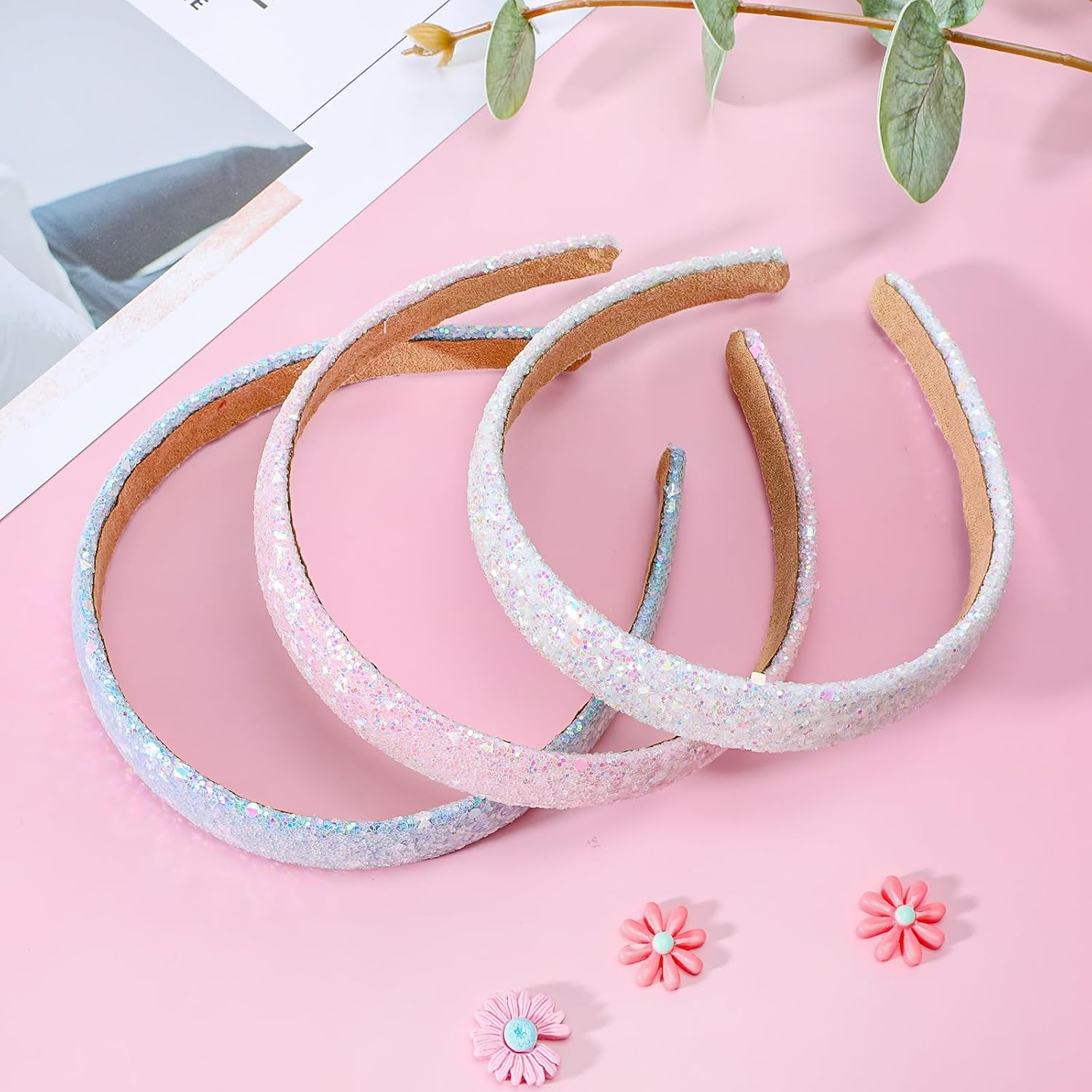 3PCS Girls Headbands Non-Slip Glitter Sequins Sparkly Hard Toddler Headband, Wide Padded Hair Bands Cute Hair Accessories for Birthday Party Favors Back to School Girls Women (Pink/Sky Blue/White) image number 4