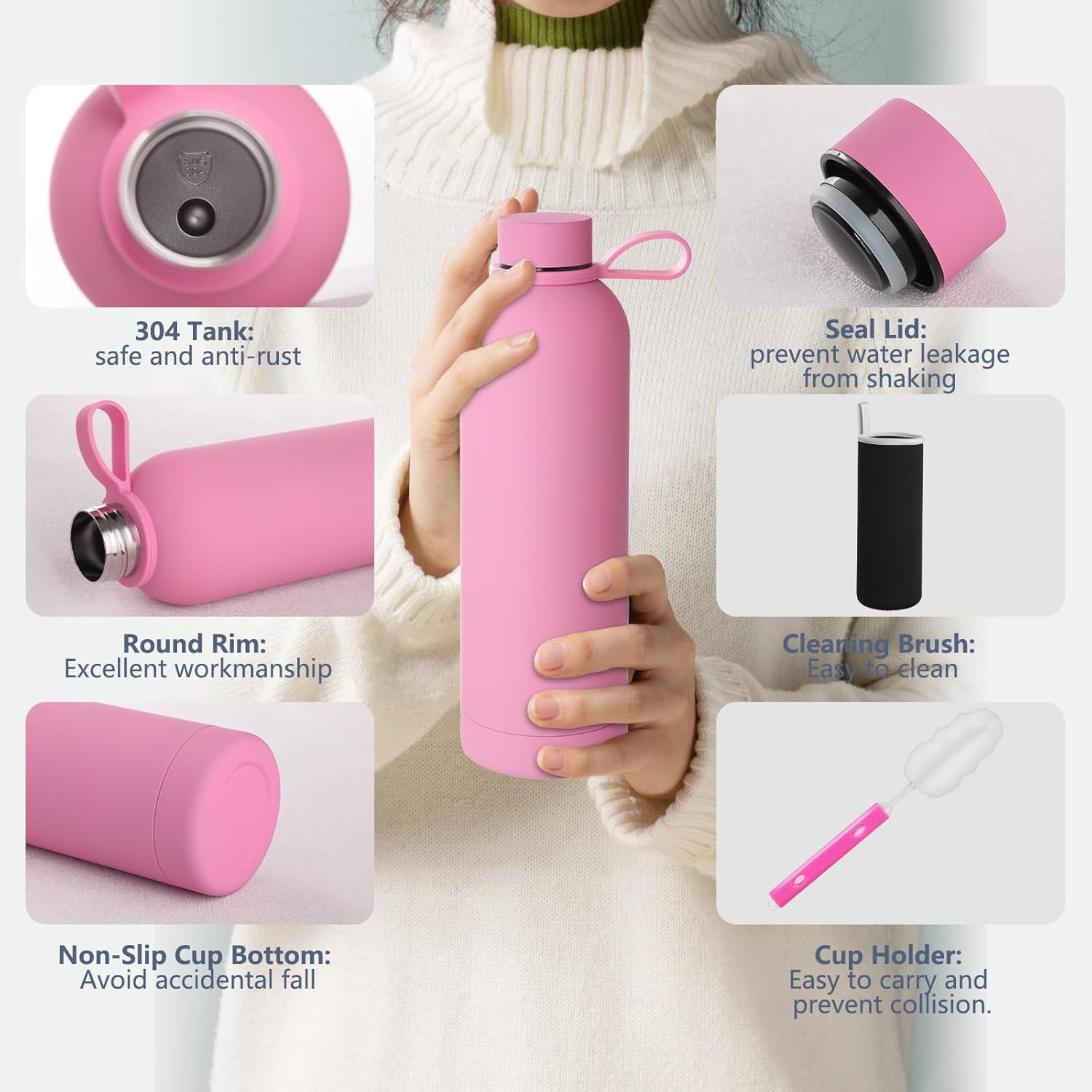 Thermal Insulated Bottle 34Oz Stainless Steel Water Bottle with Brush + Portable Bag Sports Water Bottle Holder for Camping, School, Sports, Gym Pink image number 6