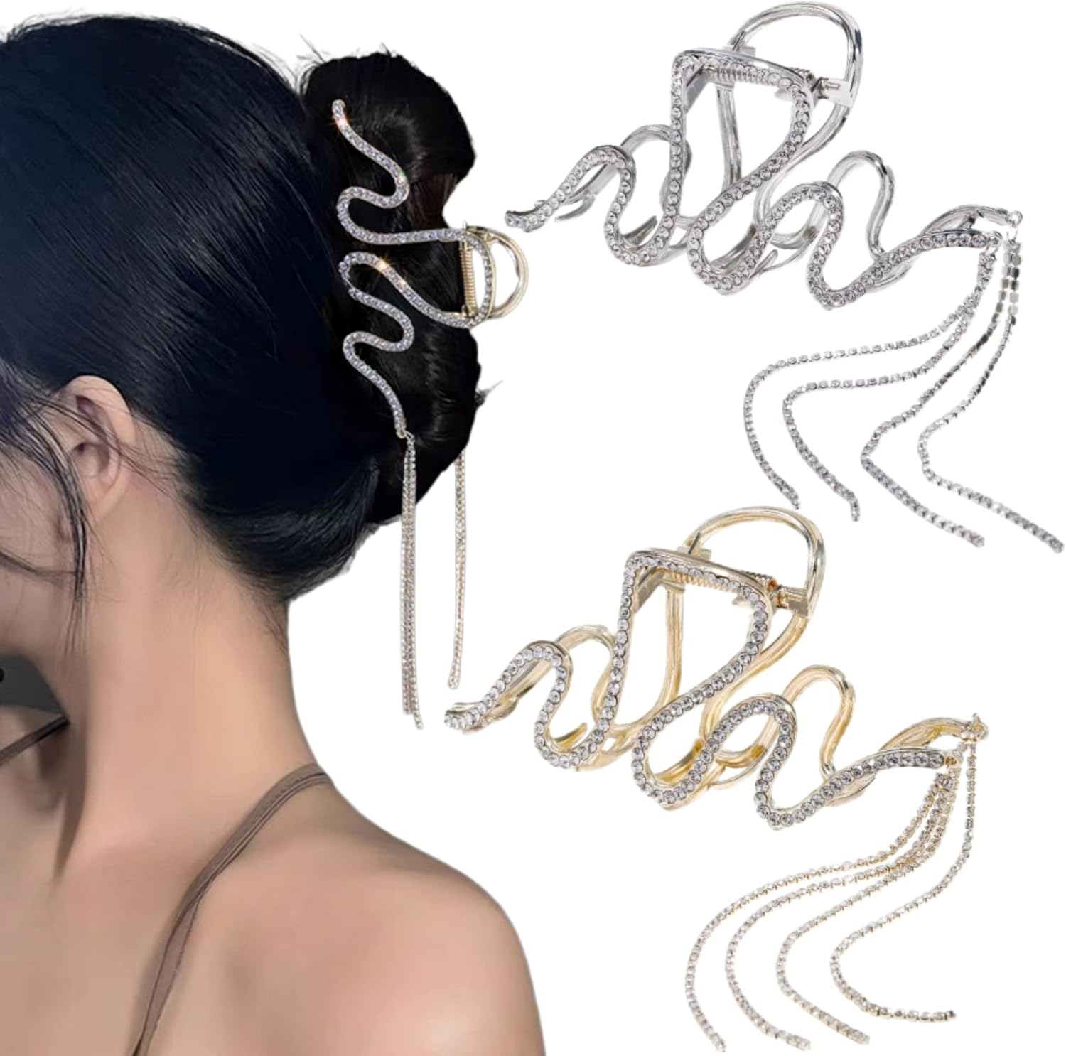 Hair Clips Rhinestone Tassel Hair Clip Large Thick Hair Hair Clips Ladies Large Metal Claw Clips Hair Accessories for Women Girls image number 5