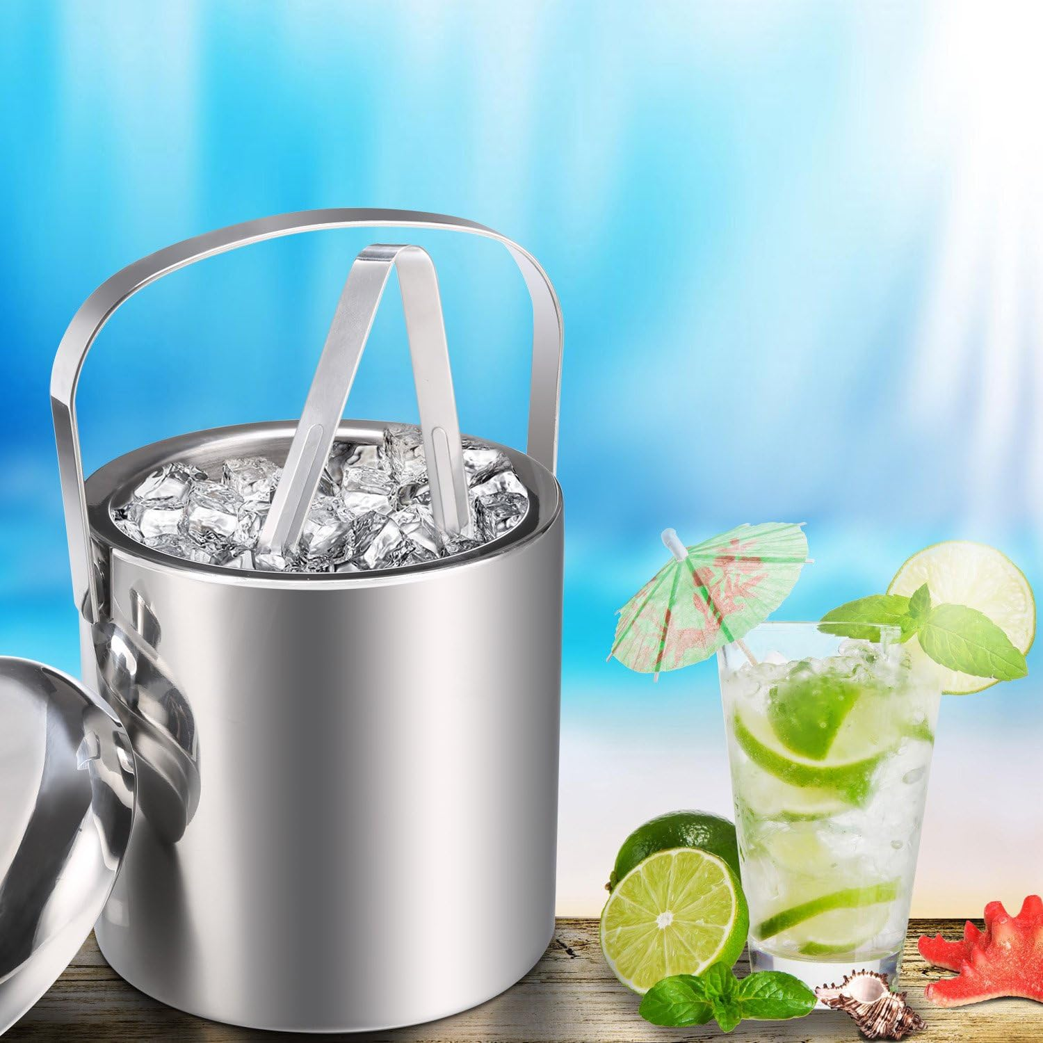 Sailnovo Ice Bucket Ice Bucket Champagne Cooler Ice Cube Container with Tongs and Lid Stainless Steel image number 2