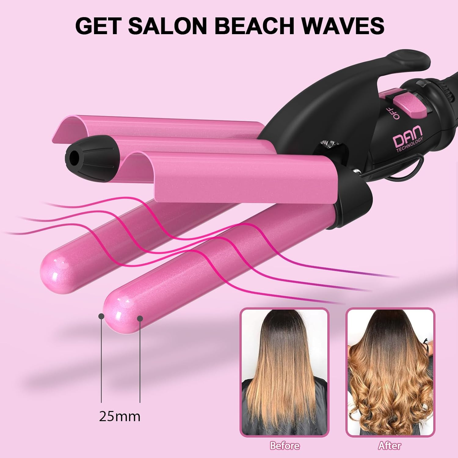 DAN Technology 1 Inch Ceramic 3 Barrel Curling Iron Wand Hair Waver (Pink) image number 2