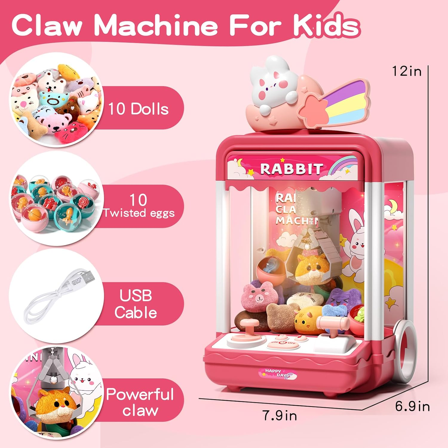 Kids Claw Machine, Mini Candy Vending Grabber, Prize Dispenser Toys for Girls and Boys, Electronic Claw Game Machine for Party Birthdays with Lights Sound, Includes 10 Plush and 10 Mini Toys image number 1