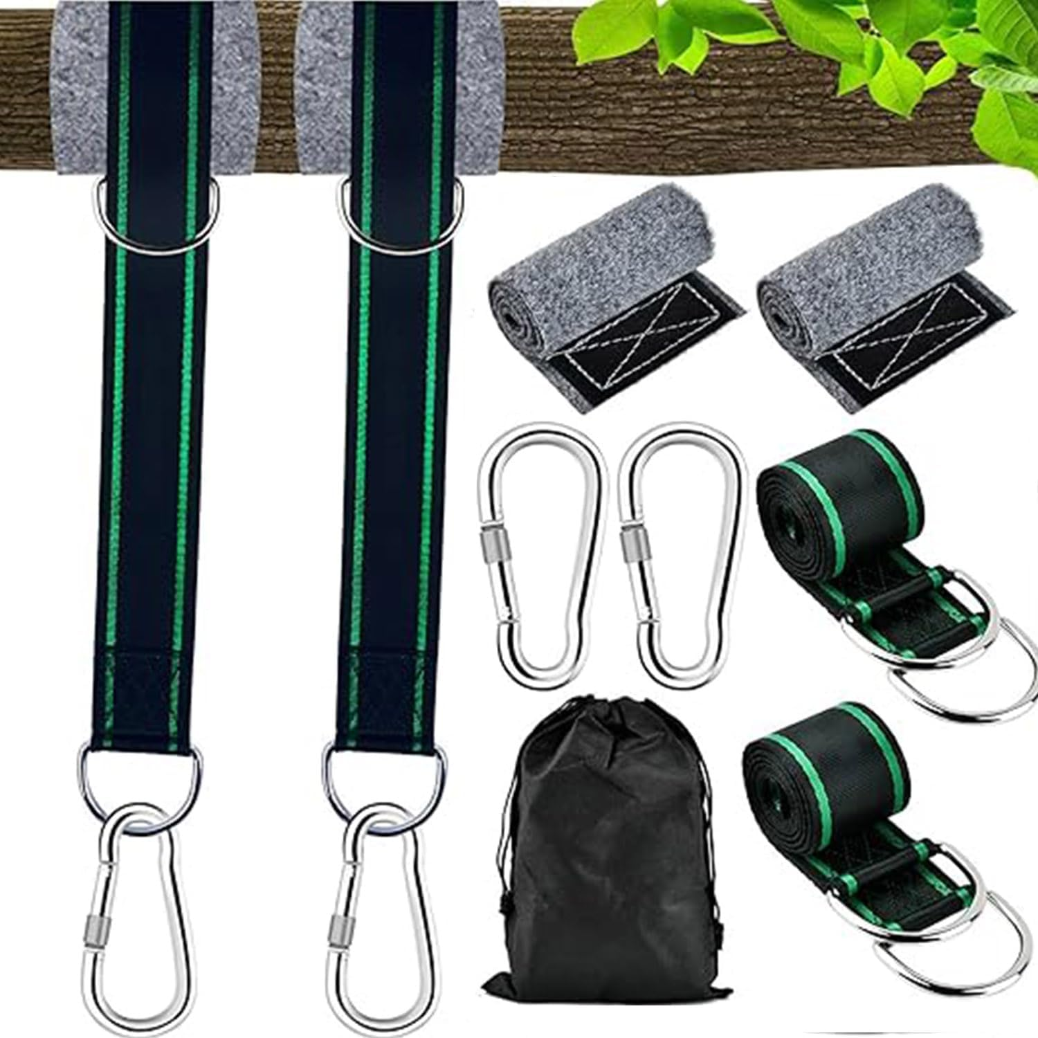 Roczential Tree Swing Hanging Straps, 1.5M/5Ft Hammock Tree Straps Kit with 2 Sturdy Lock Carabiners & 2 Tree Protectors for Swings and Hammocks,Holds up to 1000KG image number 1