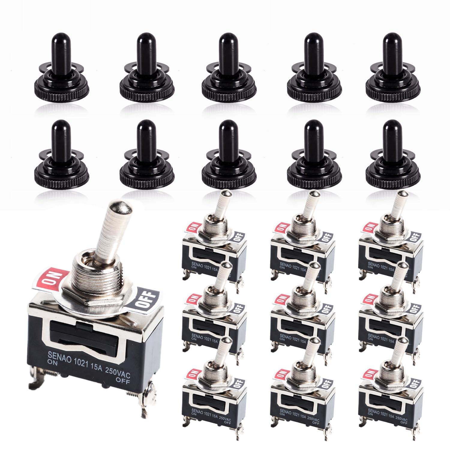 Toggle Switches 10 Pack 2 Pin on off SPST Car Rocker Toggle Switch 15A 250V Heavy Duty Waterproof Metal Bat Waterproof Boot Cap Cover image number 5