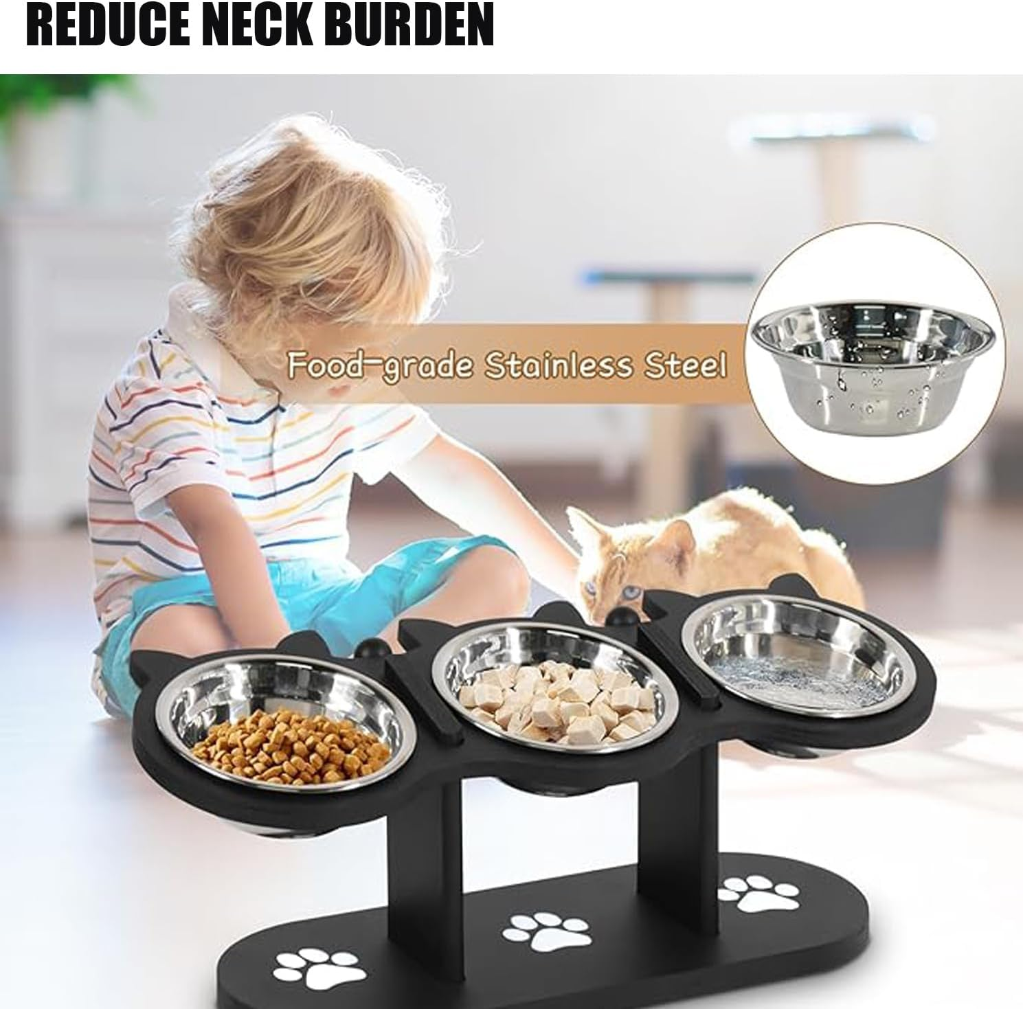 Elevated Cat Bowls - 3 Stainless Steel Elevated Cat Food Dishes with Stand 15&deg; Swivel and a Placemat (Wood) image number 6