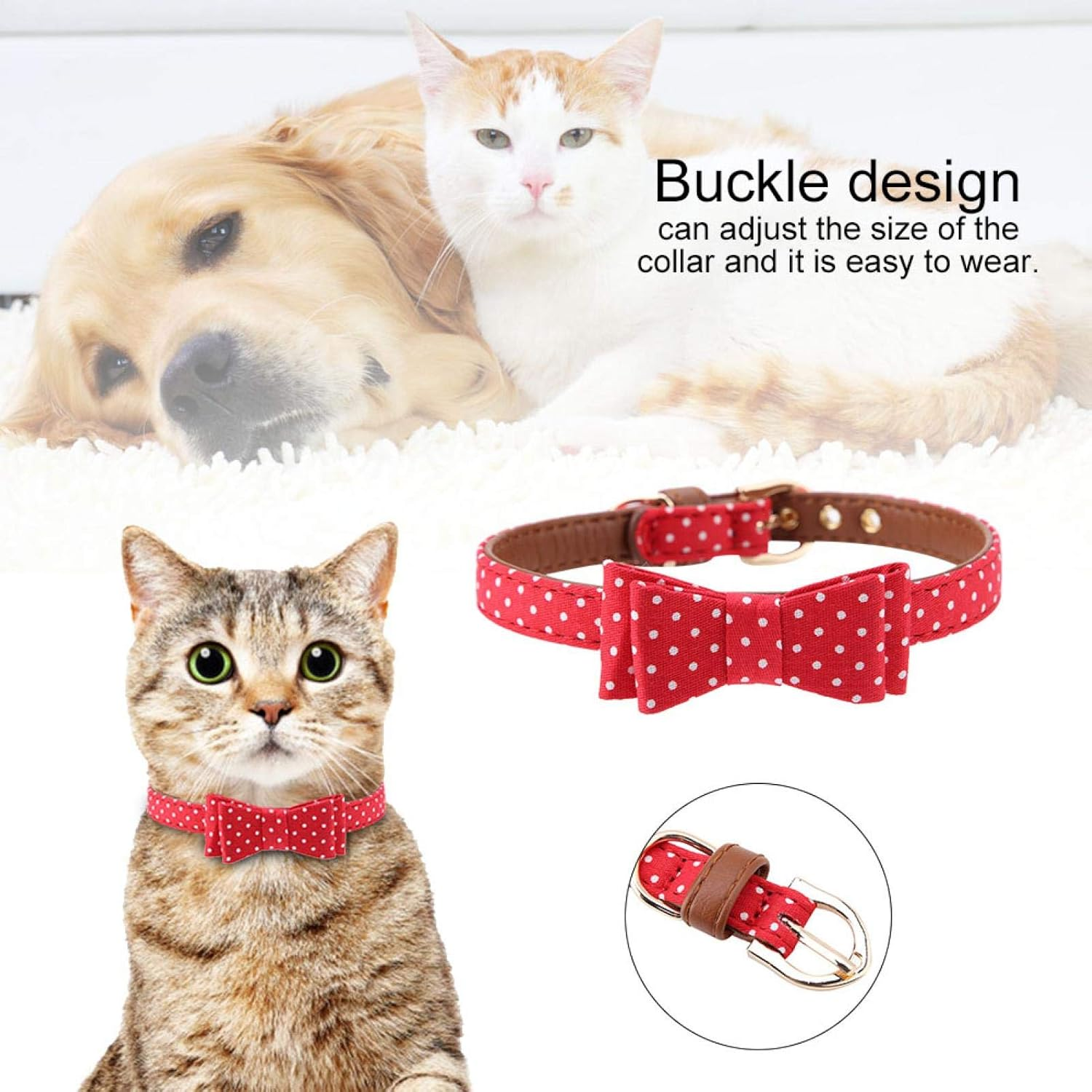 EVTSCAN Pet Collar with Bow, Pet Cat Dog Polka Dot Collar Classic Puppy Bowtie Adjustable PU Leather Dog Bow Tie(A-Red) image number 4