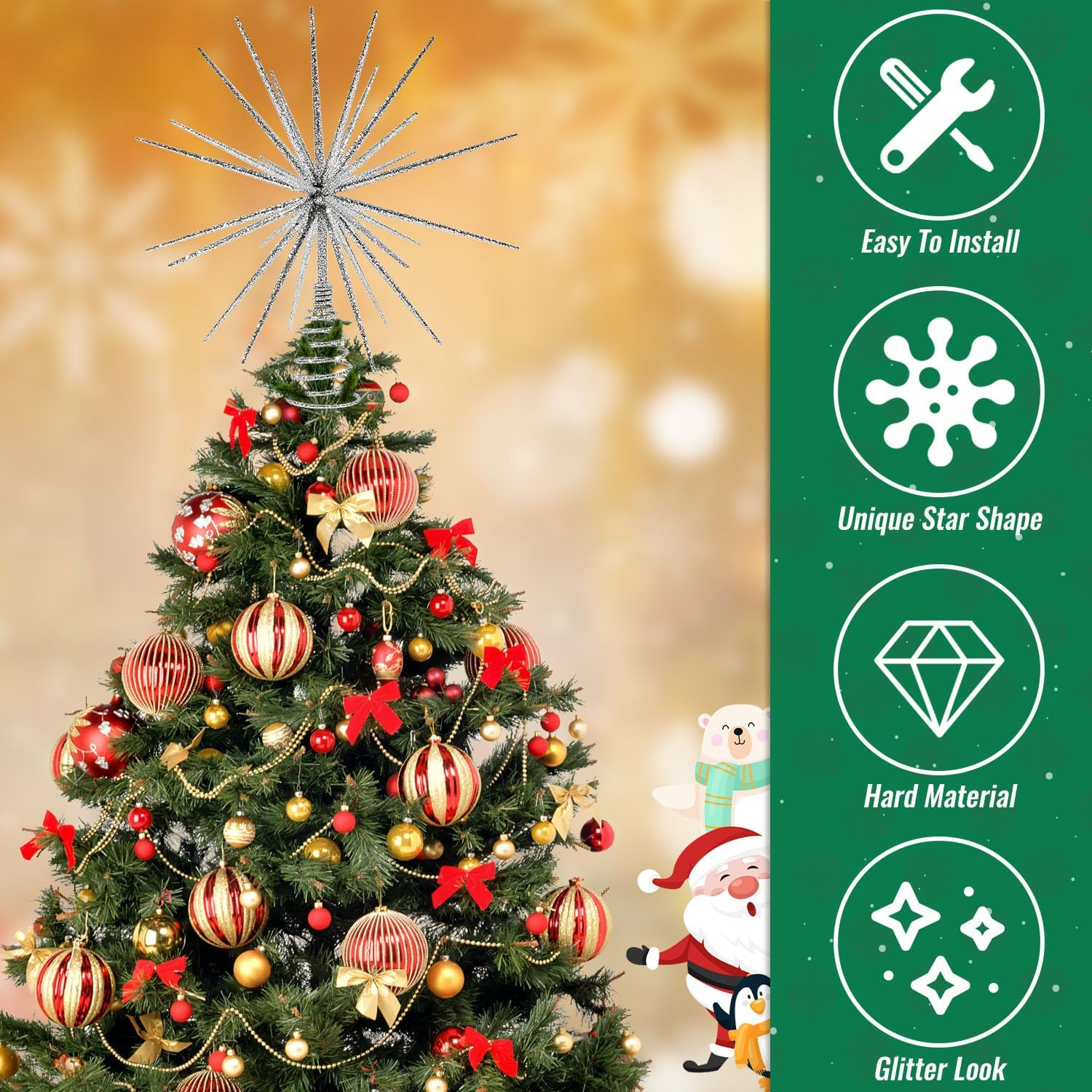 13.7 Inch Silver Christmas Tree Topper - 3D Burst Silver Tree Topper, Exploding Star Christmas Tree Decorations image number 4