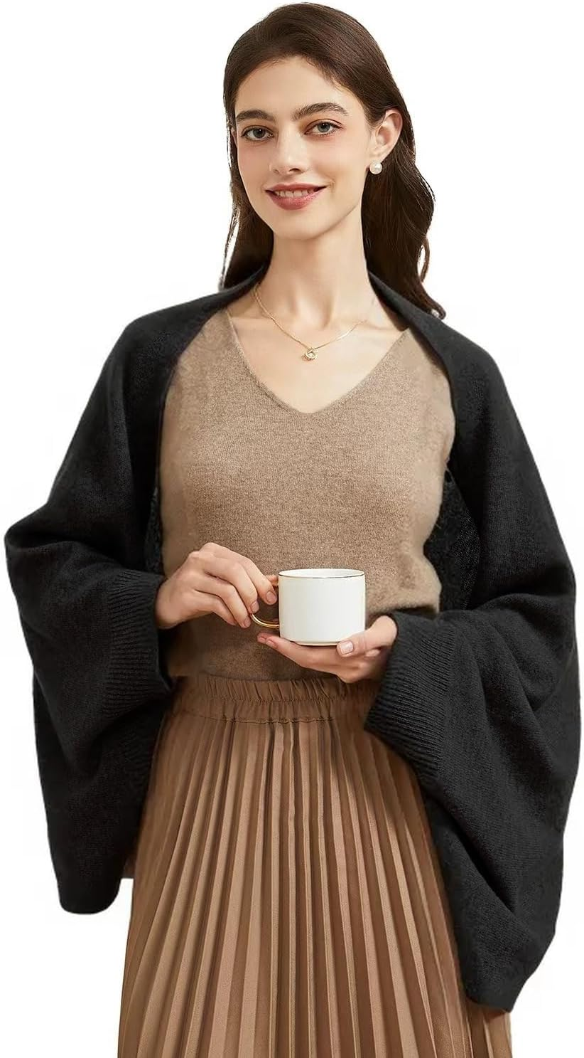 BRYCTSISEN Women'S Lightweight Cashmere Shawl Wrap Scarf with Sleeves Outer Warm Knitted Open Front Poncho Cape Fall Winter
