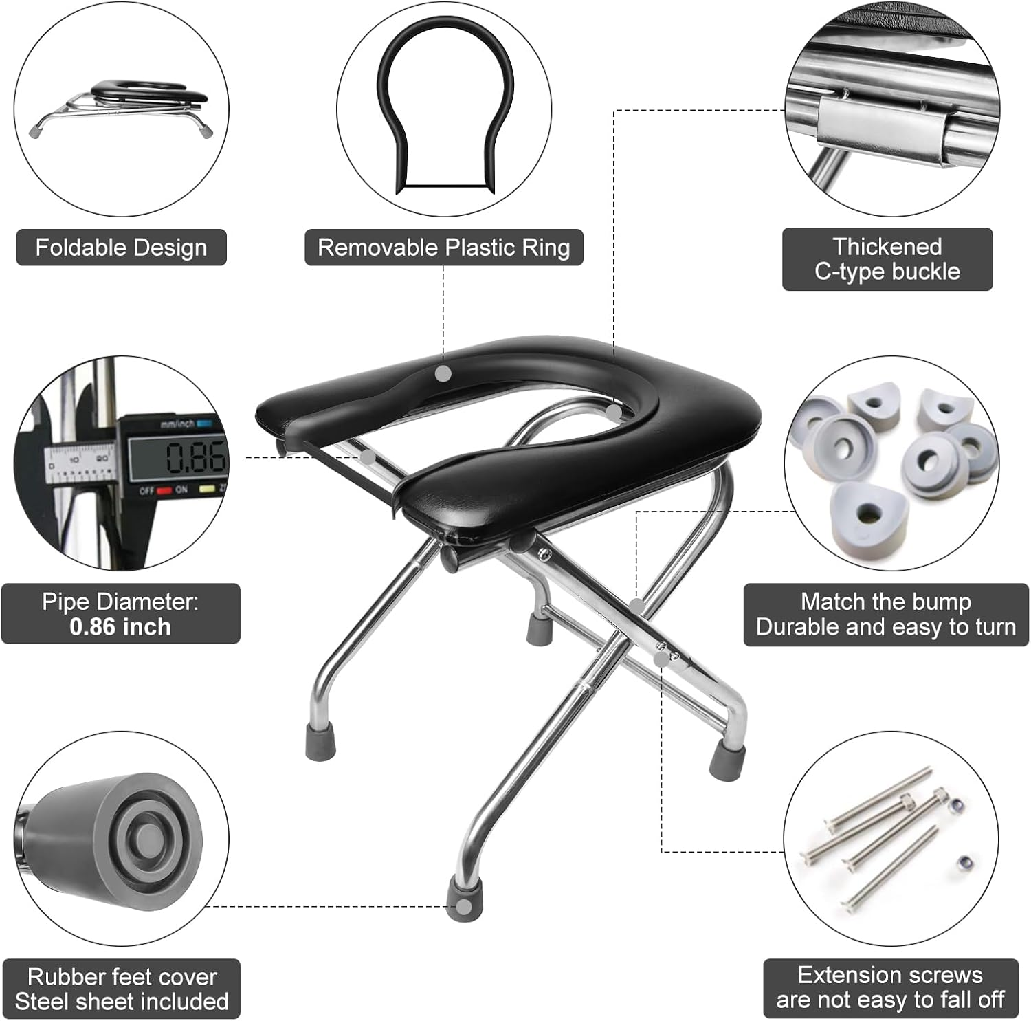 BLIKA U-Shaped Portable Toilet for Camping, 350LBS Stainless Steel Foldable Camp Travel Toilet with Soft Seat for Adults, Portable Potty for Camping, RV Travel, Road Trip image number 5