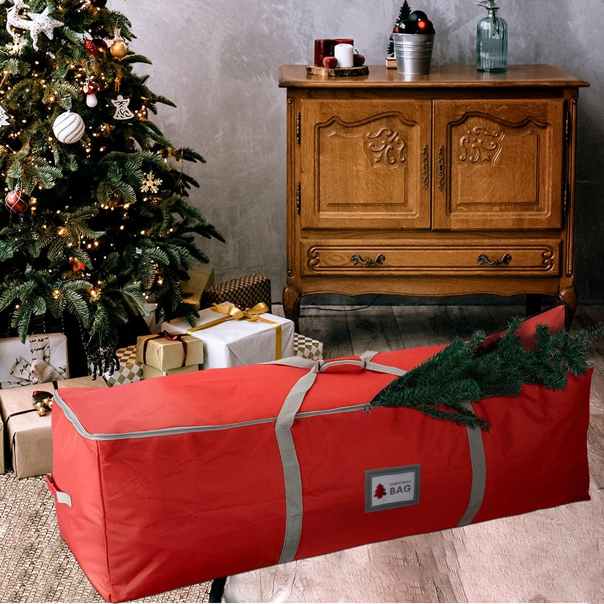 Heavy Duty Oxford Christmas Tree Storage Bag with Extra Padded Handles| Waterproof Oxford Artificial Tree Storage Bag | 51" L X 16" W X 16" H, ID Card Included (Red) image number 4