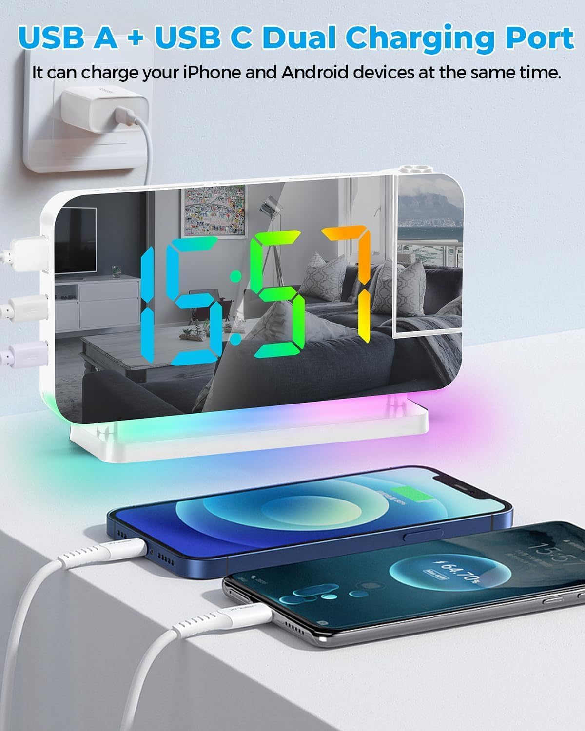 Projection Alarm Clock,7.4" LED Mirror Digital Clocks Large Display,With 180&deg; Rotatable Projector,Rgb Night Light,Usb C Port,Auto Dimmer (White) image number 2