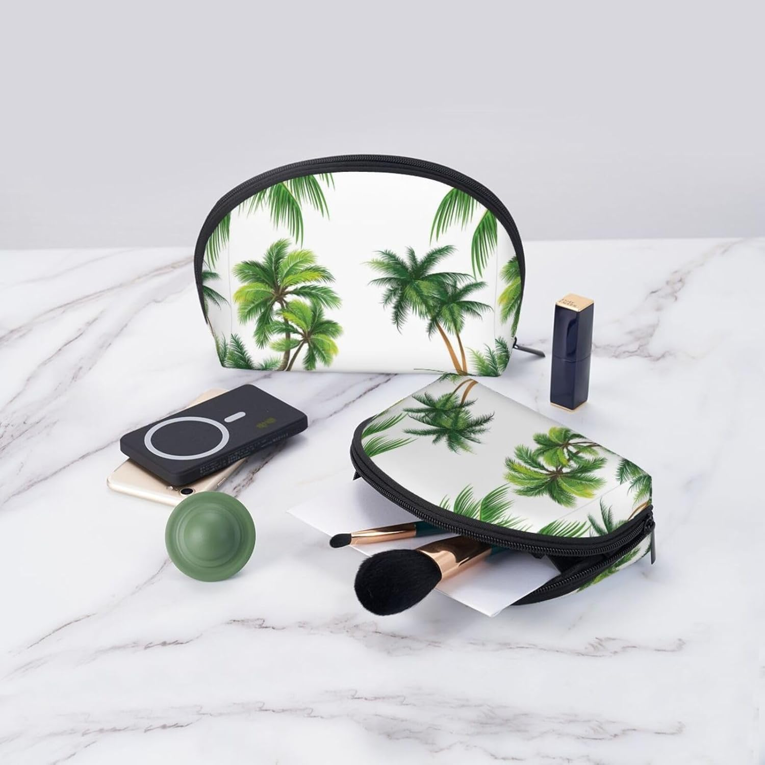 Cozimangoe Coin Pouch Makeup Bags Set, 2 Piece Shell Shape Cosmetic Bag with Pockets for Daily Travel Handbag Lipstick Keys Toiletry, Personalized Coconut Palm Tree image number 2