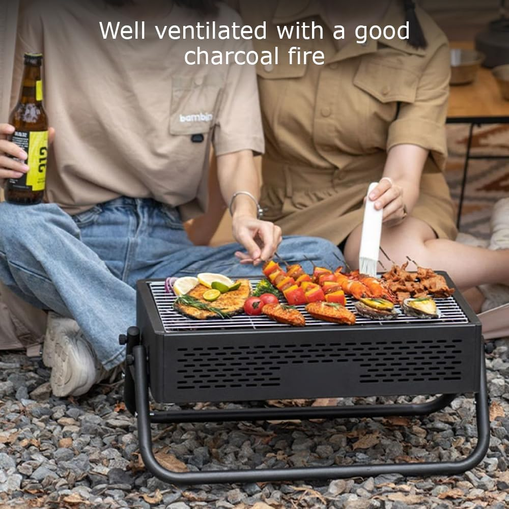 Rectangle Folding Barbecue Grill with Durable Material, Stainless Steel Charcoal Grill, Cooking Tea and BBQ Set, Portable BBQ Tool Kits, Suitable for Garden Picnic Outdoor Cooking (Black) image number 4