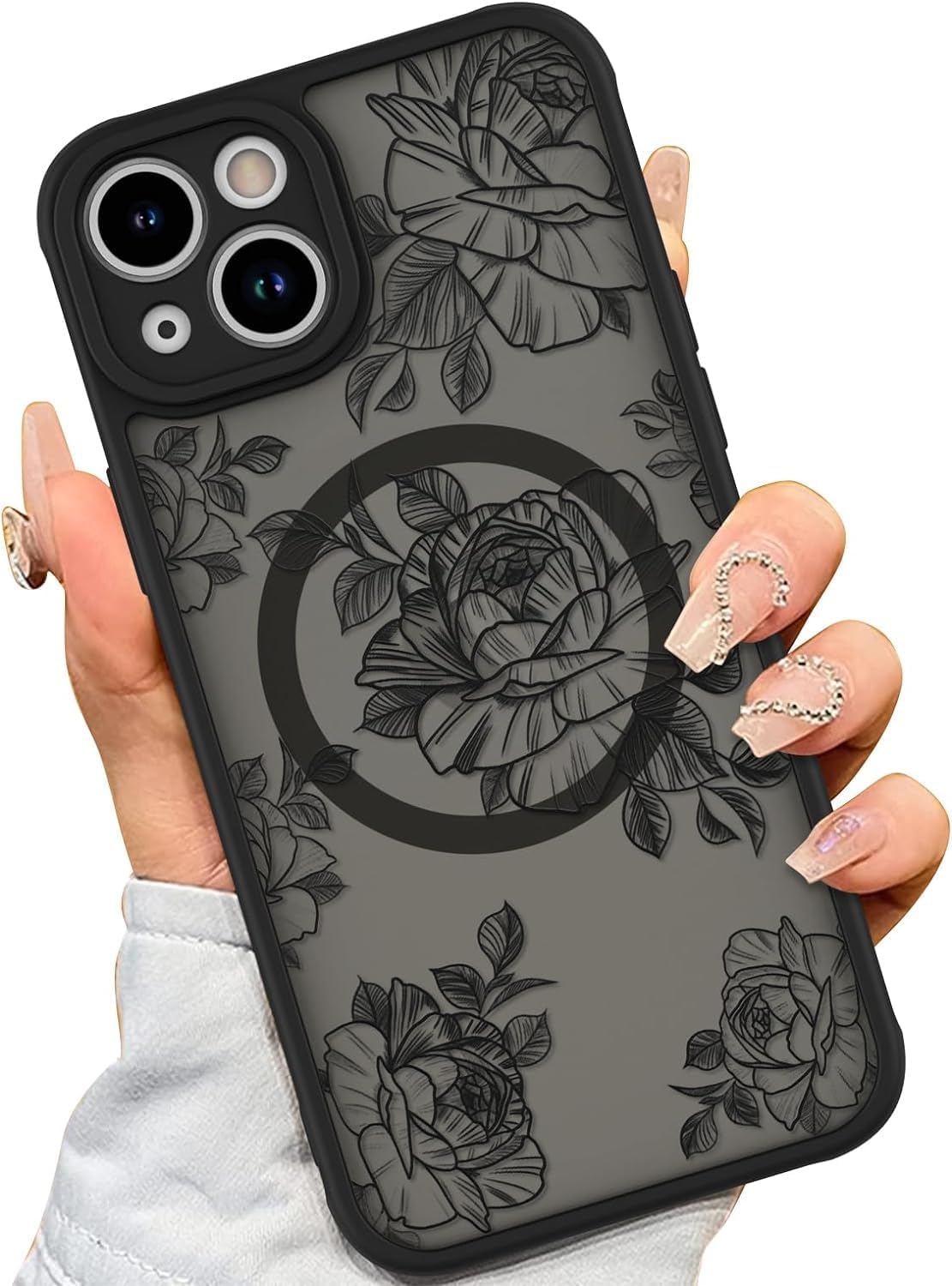ELEPIK Black Floral Series for Iphone 17 Pro Max Case, [Compatible with Magsafe] [Military Shockproof Protection] Flower Pattern Design Phone Case for Women Girls Slim Magnetic Cover, Black Rose