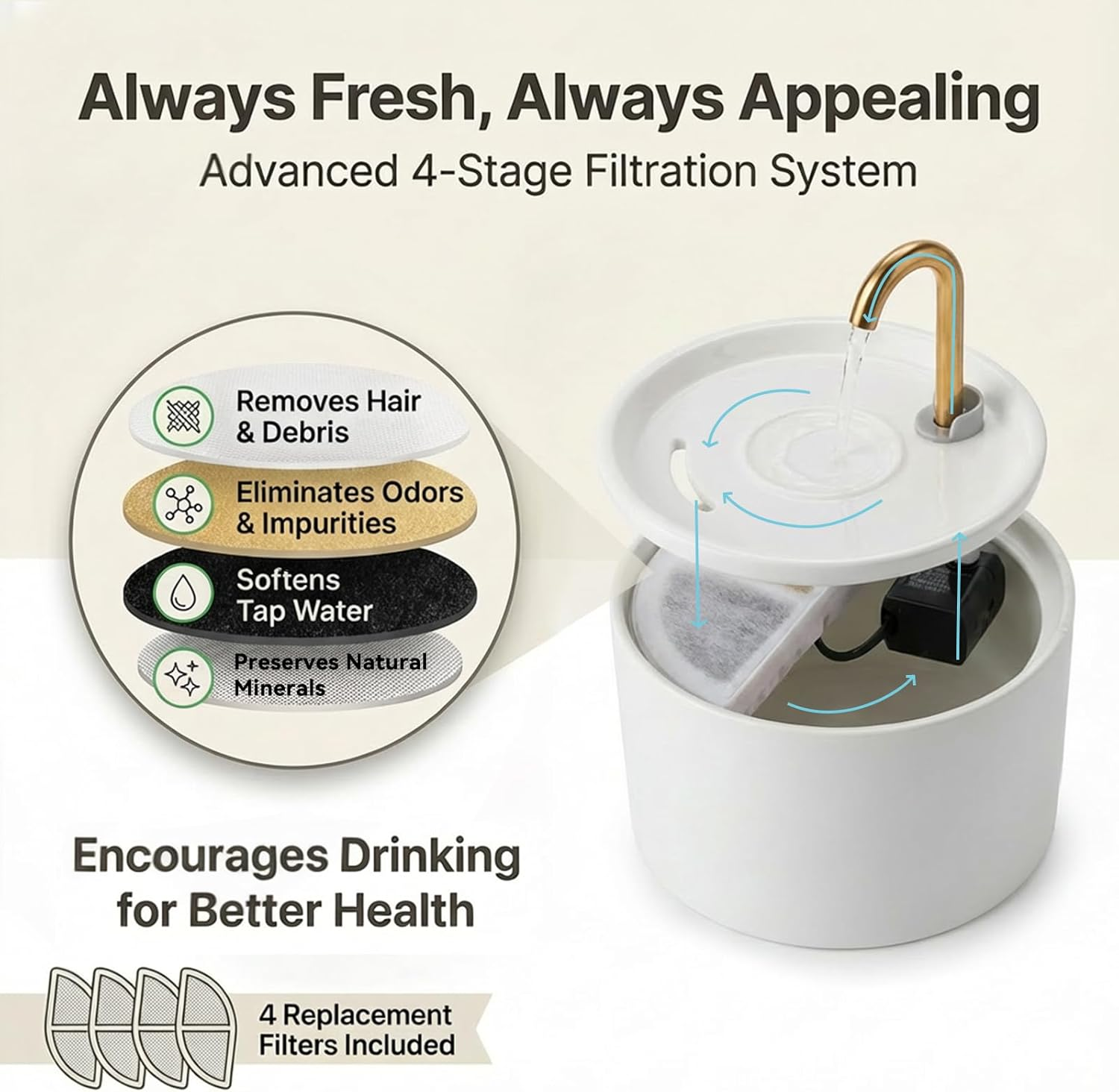 100% Ceramic Cat Water Fountain, 1.2L Ultra-Quiet (20Db) Pet Water Fountain for Cats and Small Dogs, Automatic Drinking Fountain with 4 Filters, Easy to Clean, Encourages Hydration, White 4 image number 2