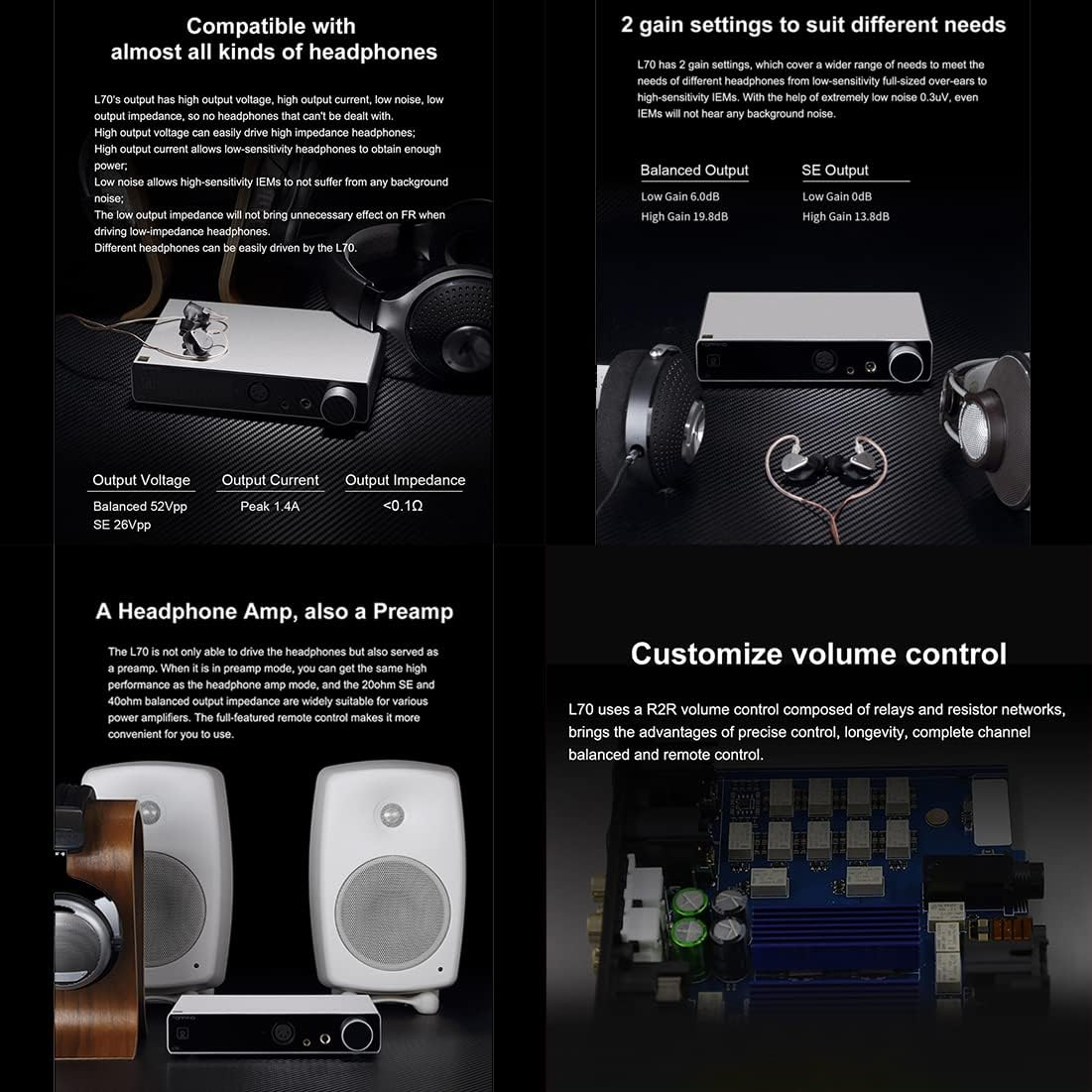 Topping L70 Full Balanced NFCA Headphone Amplifier, Preamp 7500Mw X 2 Hifi Headphone Amp, XLR/TRS/RCA Input 4-Pin Xlr/4.4Mm/6.35Mm/Rca/Xlr Output Home Audio Preamplifier (Black) image number 5