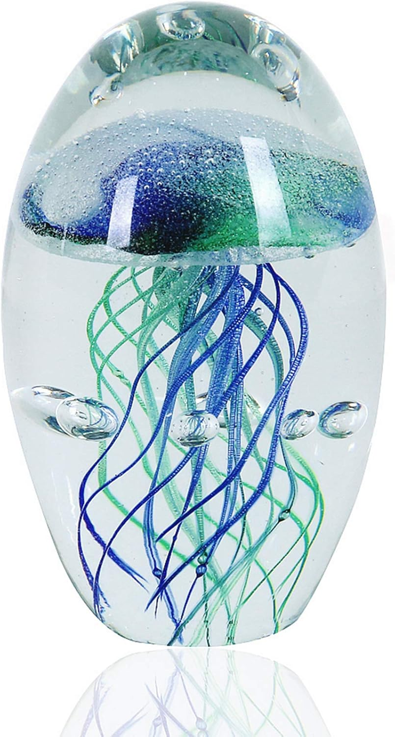 EUSTUMA Hand Blown Glass Jellyfish Figurine Ornament,Sea Animal Ornament for Fish Tank Aquarium,Sea Animals Collection for Birthday Gift,Glass Paperweight