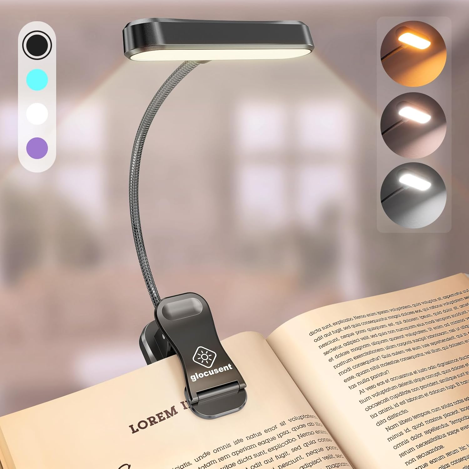 Glocusent Horizontal Et-Head Book Light for Reading in Bed, Eye Caring, CRI 95, 3 Colors & 5 Brightness, Rechargeable Long Lasting Reading Light, 1.4Oz Lightweight & Portable, Perfect for Book Lovers