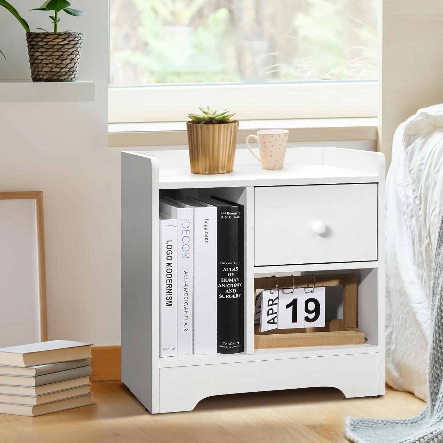 Oikiture Bedside Table with Drawer and Storage Space Side Table Nightstand Home Bedroom Furniture White image number 3