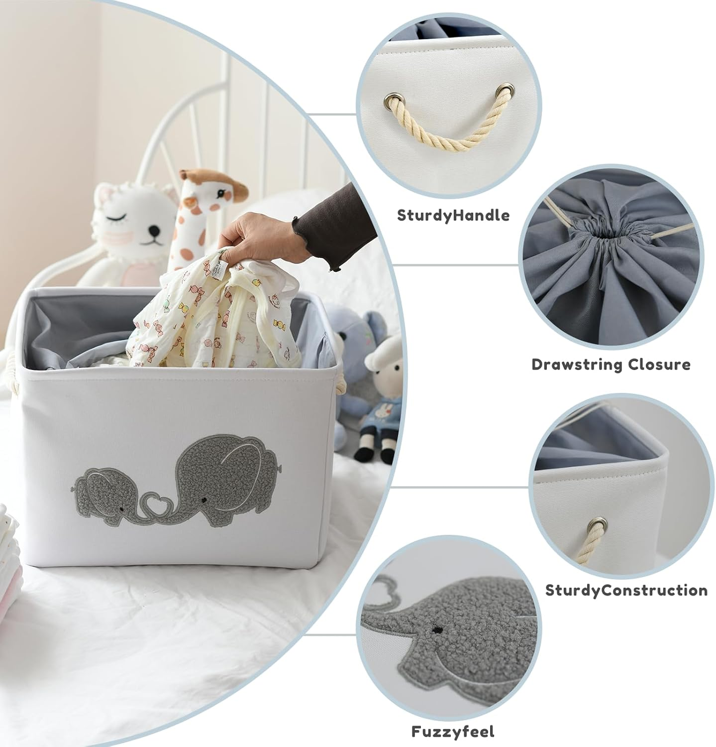 Inough Baby Gift Baskets Empty Large Storage Container Fabric Toys Basket, Elephant Toy Box with Drawstring Closure for Wipes and Diapers, Nursery Organizers Kidsroom Room, Grey Furry Elephant image number 6