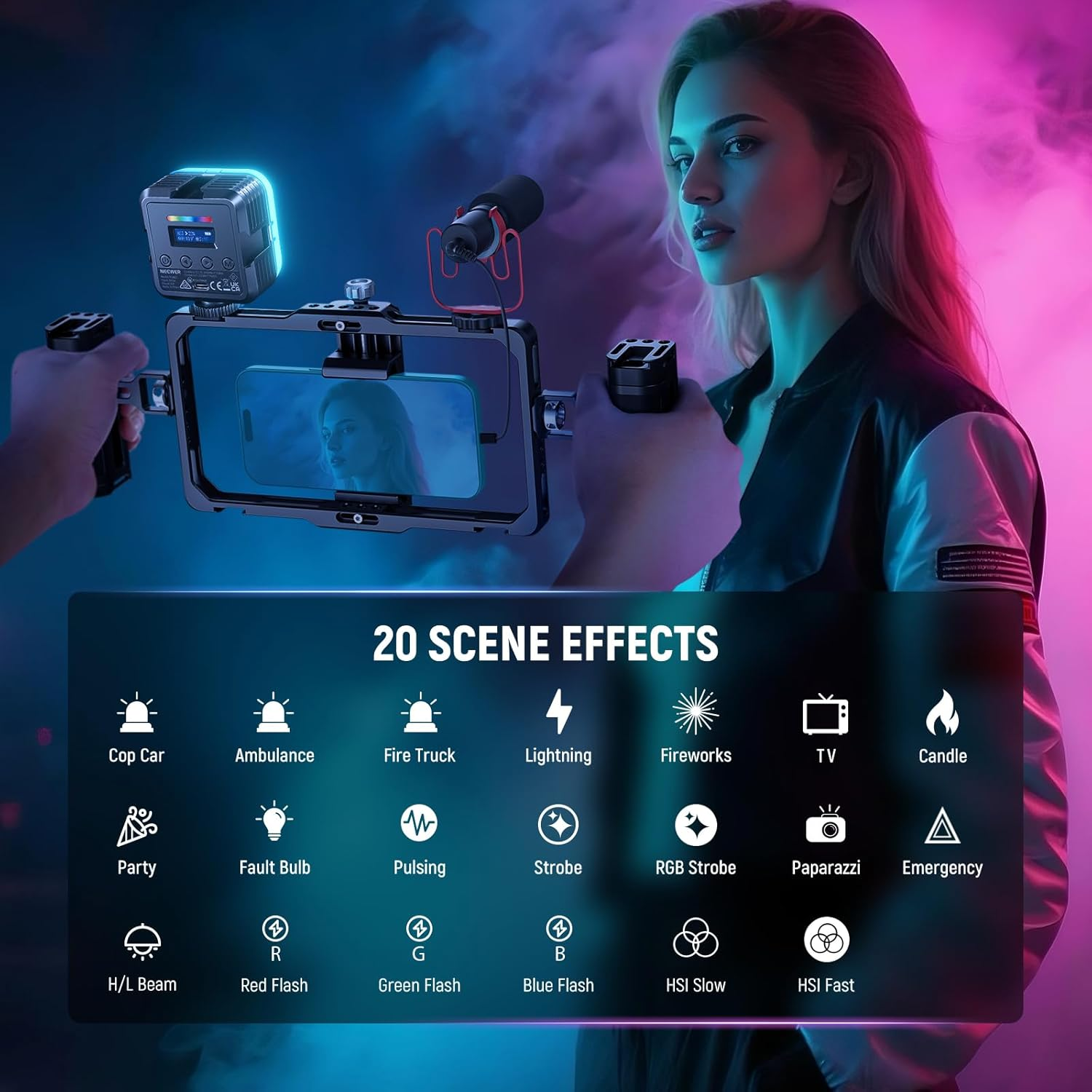 NEEWER Magnetic RGB Camera Light, 360&deg; Full Color RGB61 CRI97+ 2500-8500K 2000Mah Portable Small LED Panel Photography Lighting for Video Recording Streaming, 3 Cold Shoes, 20 Scenes & Cleaning Cloth image number 2