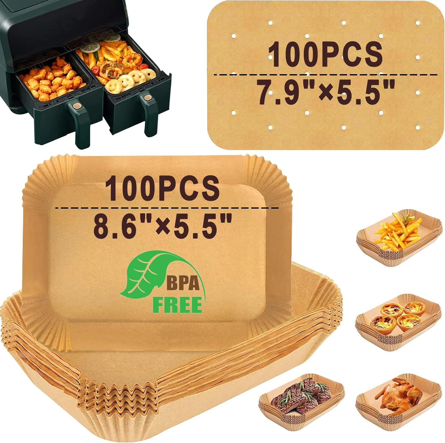 Pack of 200 Rectangular Air Fryer Paper Liners for Ninja, 100 Pieces Air Fryer Paper (8.6&times;5.5In) and 100 Pieces Baking Paper (7.9&times;5.5In) for Roasting Microwave