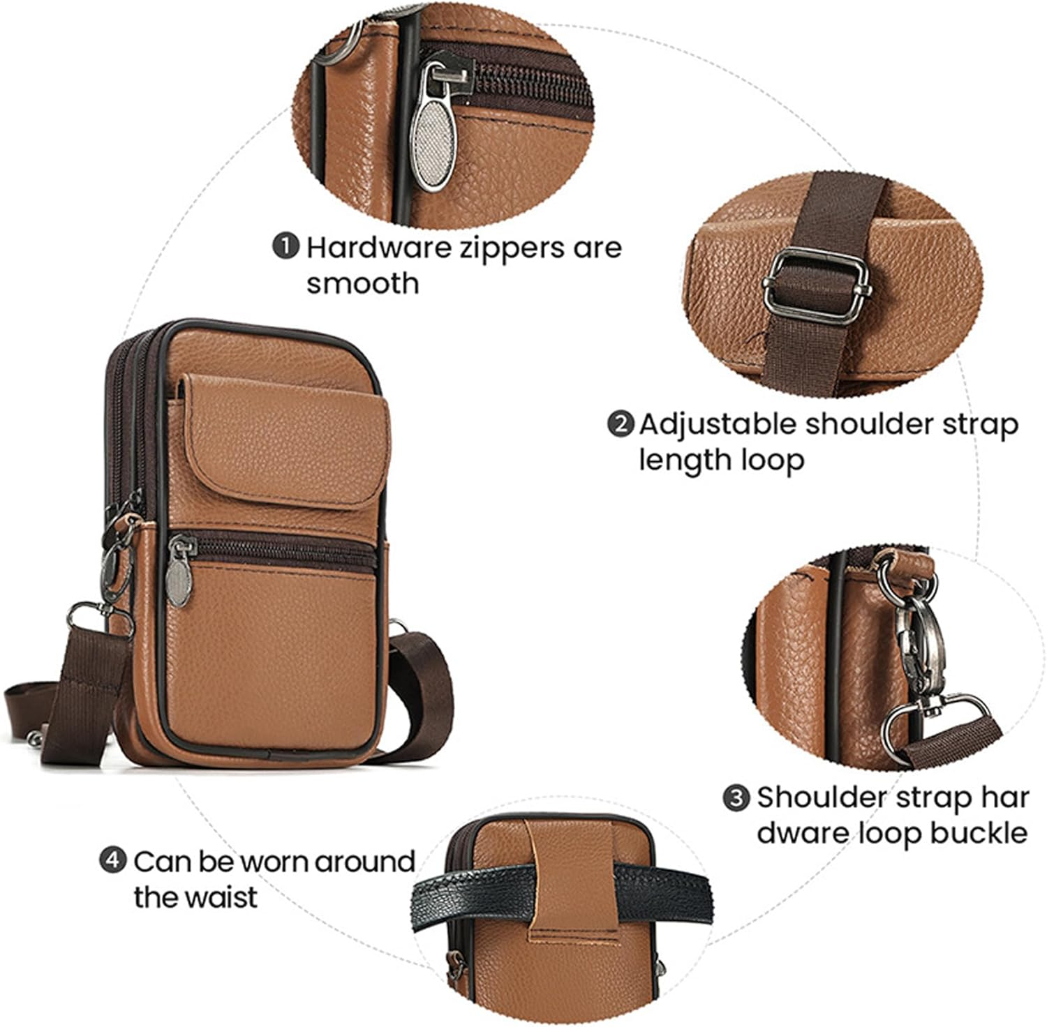 Mens Shoulder Bags,Travel Shoulders Bag Messenger Bag Vintage Genuine Leather Mans Change Purse with Zipper Pocket Waterproof Crossbody Handbag Satchel Sling Pack for Leisure,Festivals and Travel - Brown (6041) image number 6