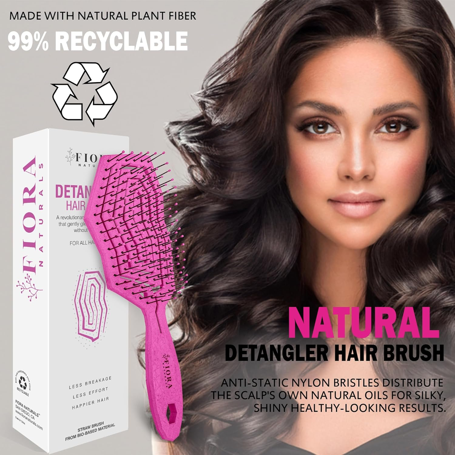 Fiora Naturals Hair Detangling Brush -100% Bio-Friendly Hair Detangler Brush W/Ultra-Soft Bristles- Glide through Tangles with Ease - for Curly, Fine, Women, Men, Kids, Toddlers, Wet and Dry Hair - Hot Pink image number 3