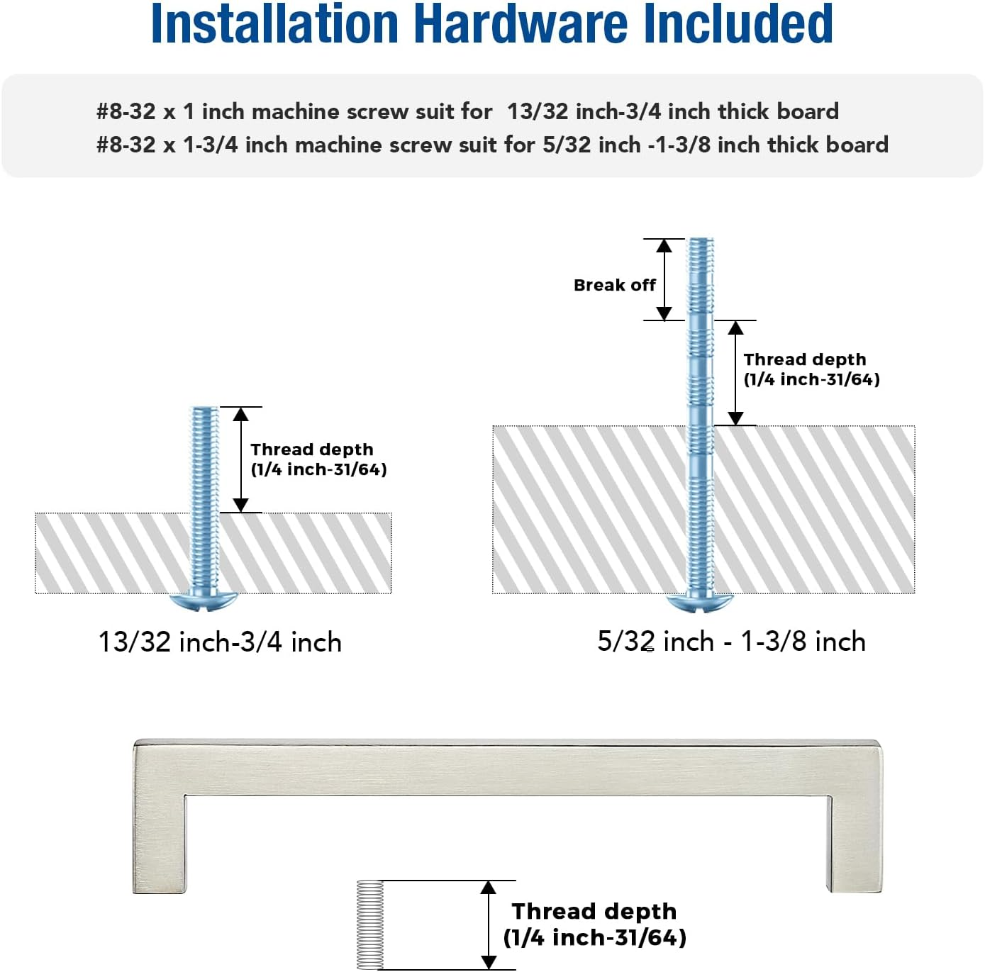 JOY DECOR 6 Pack Cabinet Handles, Brushed Nickel Cabinet Pulls, 6-1/4 Inch Kitchen Closet Handles Square Drawer Pulls Stainless Steel Drawer Hardware, 160Mm Hole Centers image number 1