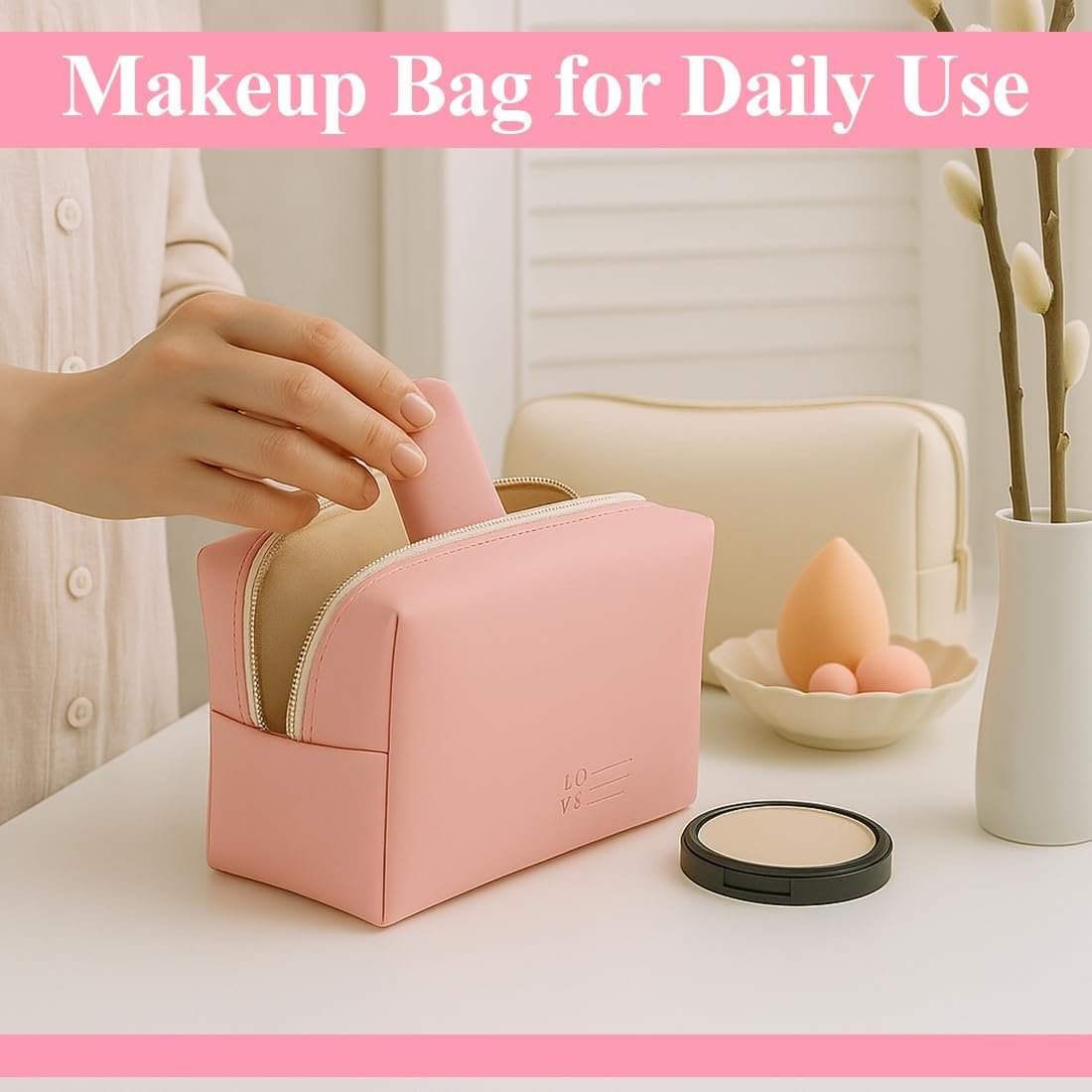 JYNVO Women'S Mini Travel Cosmetic Bag Set, PU Leather Makeup Bag Waterproof + Brush Organiser, Practical for Makeup Storage & Travel image number 3