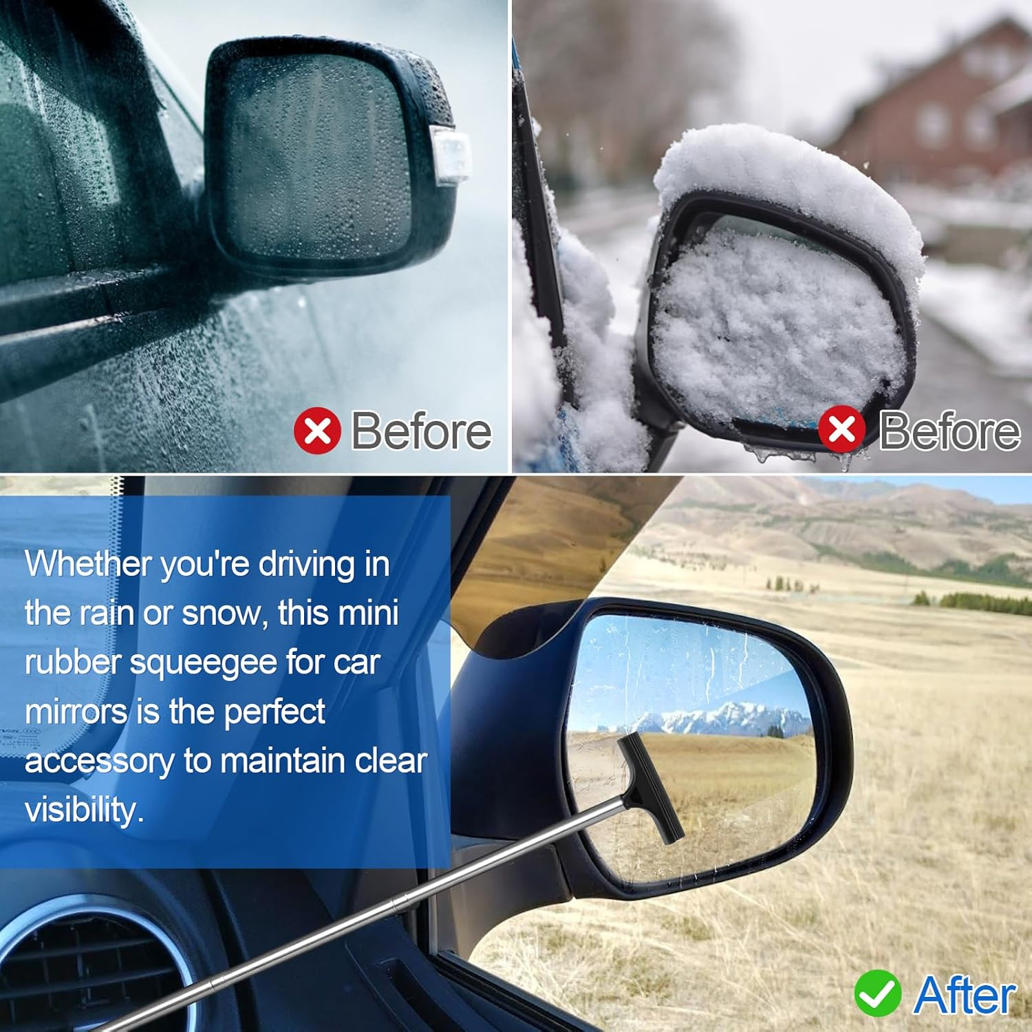 2 Pcs Car Mirror Wiper, 38.6In Handle Car Side Mirror Squeegee, Mini Squeegee for Rainy Foggy Weather