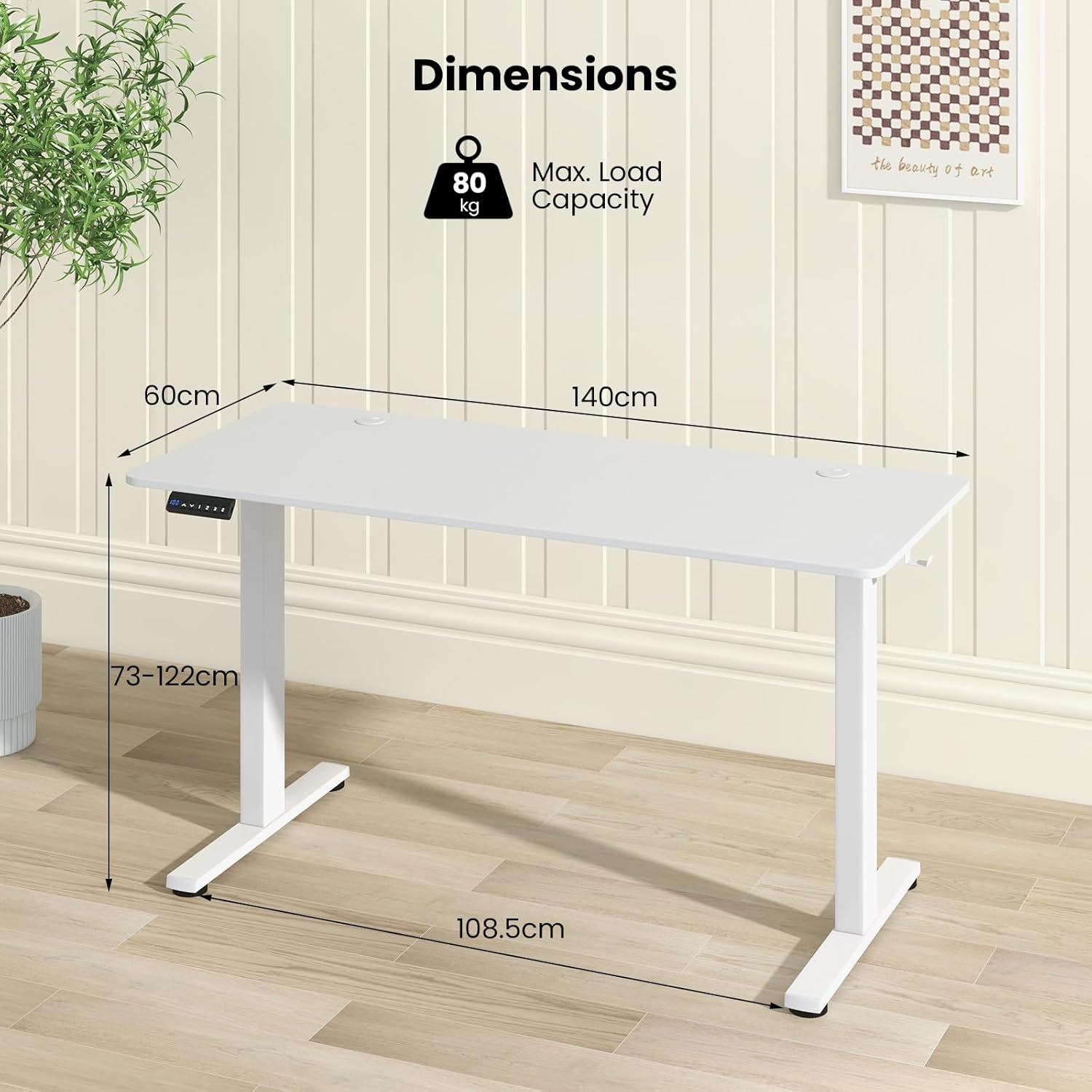 Giantex Electric Standing Desk, 140 X 60 Cm Sit Stand Home Office Desk with 3 Memory Height Settings, Height Adjustable Computer Desk with 2 Hanging Hooks & Cable Management (White) image number 1