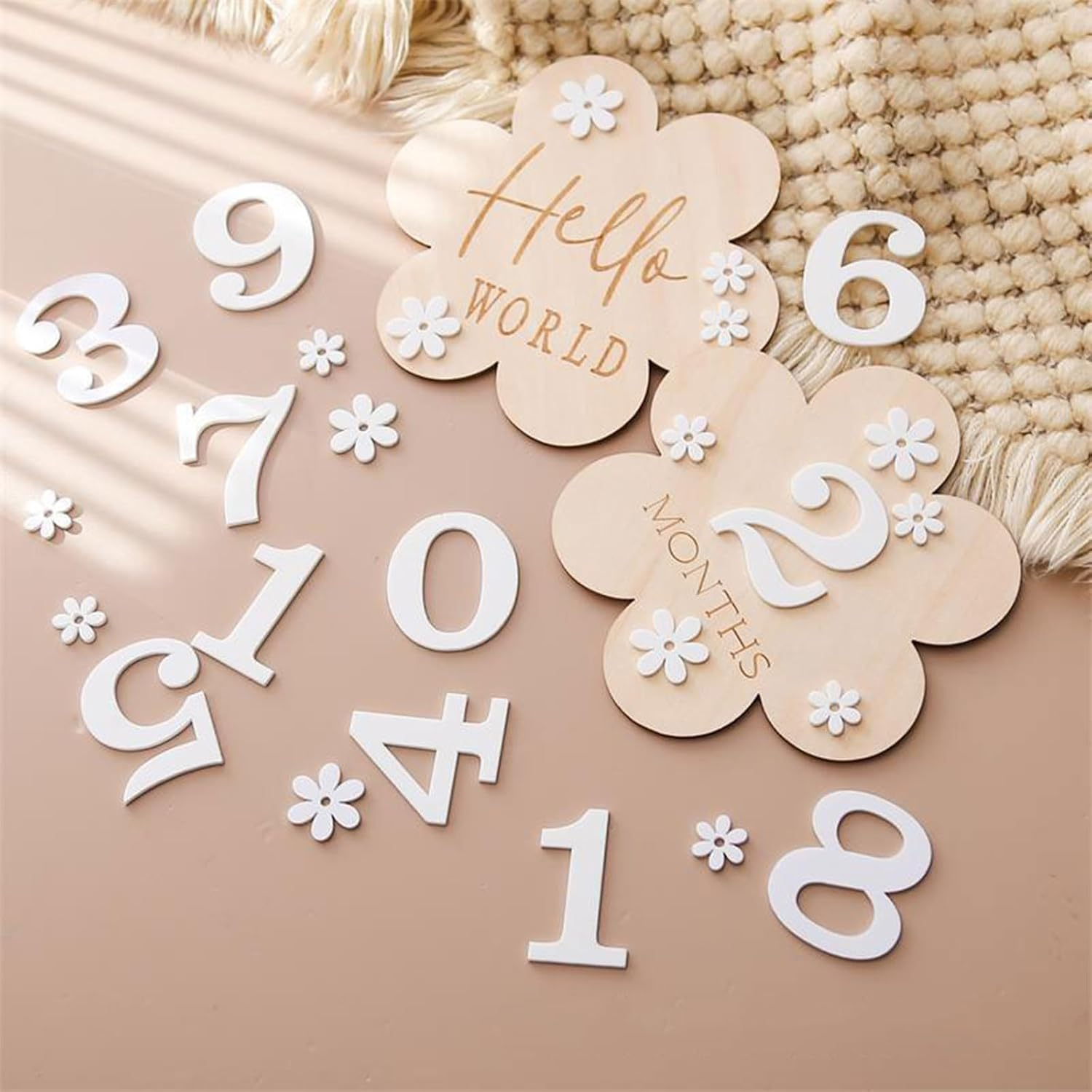 A Set of Baby 1-12 Months Wooden Milestone Baby Growth Record Photo Atmosphere Props,Memorial Photo Prop,Wooden Newborn Milestone Monthly Cards (A-White Number) - A-White Number image number 5