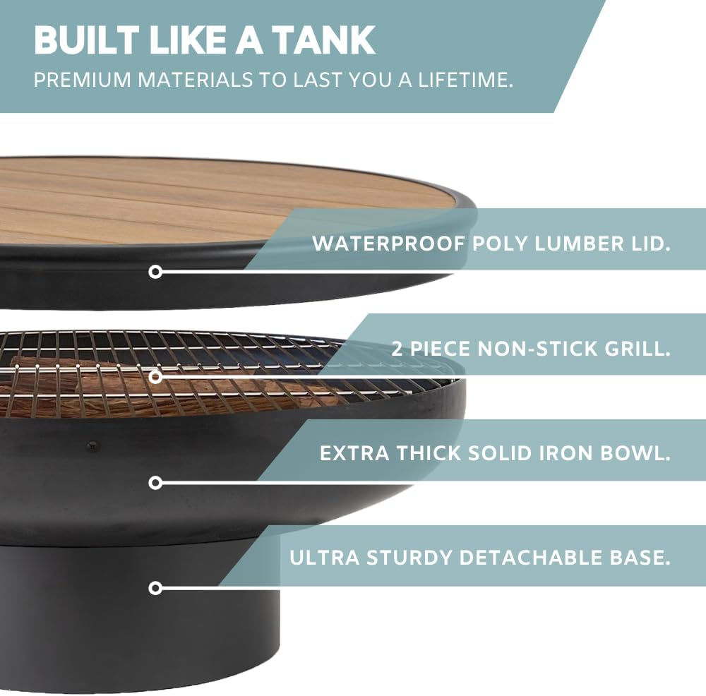 DENKOE 32 Inch round Fire Pit Table with Fire Pit Grill, Extra Thick, Heavy Duty Fire Bowl, Deep Outdoor Firepit, Wood Burning Firepits for outside Patio, Backyard Fire Pits, Large BBQ Pit