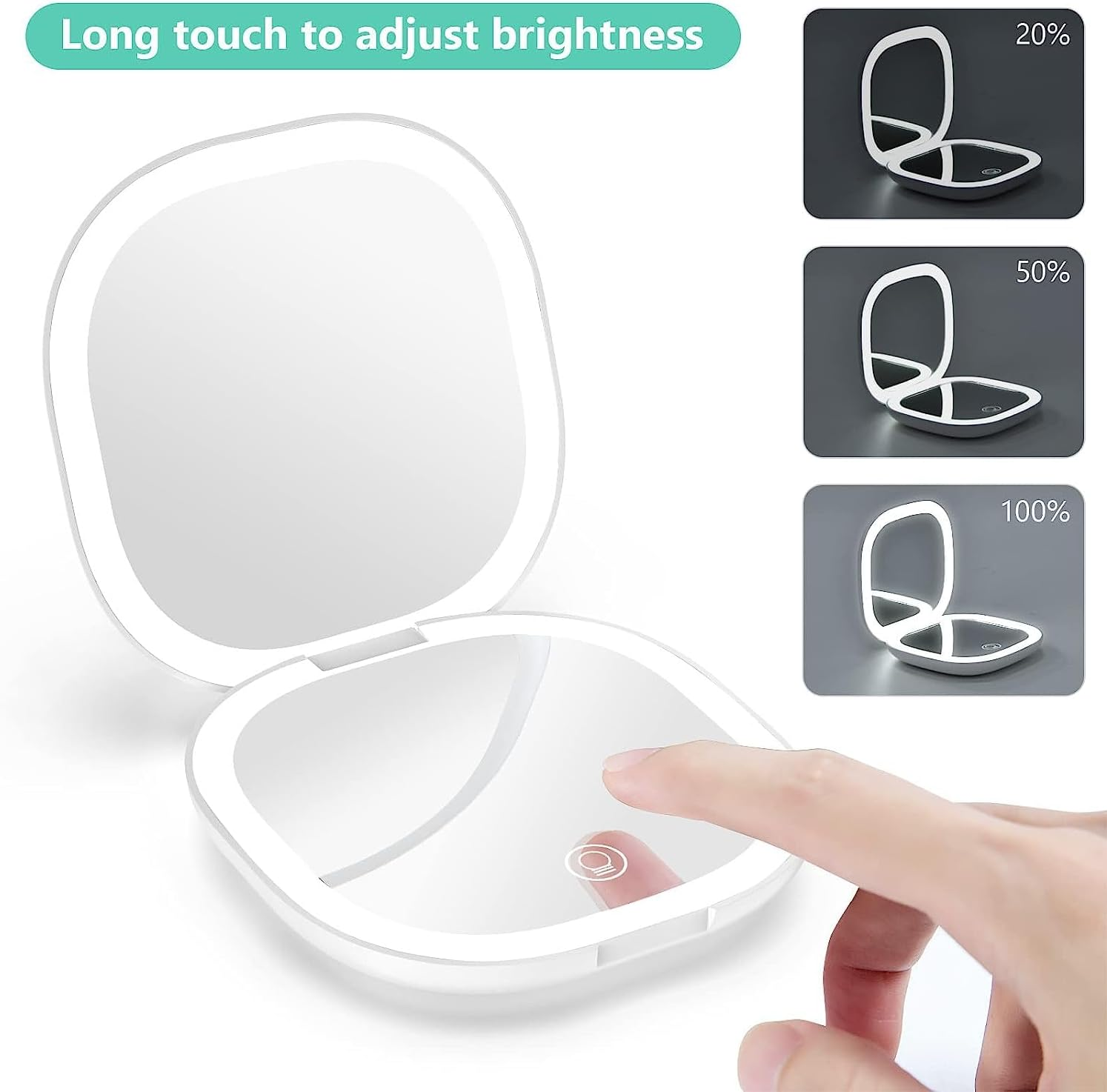 YUKAIONE Rechargeable LED Makeup Mirror, Compact Travel Mirror with 1X/10X Magnification, 3 Color Lights, Mini Magnetic Pocket Mirror for Women(White) image number 4