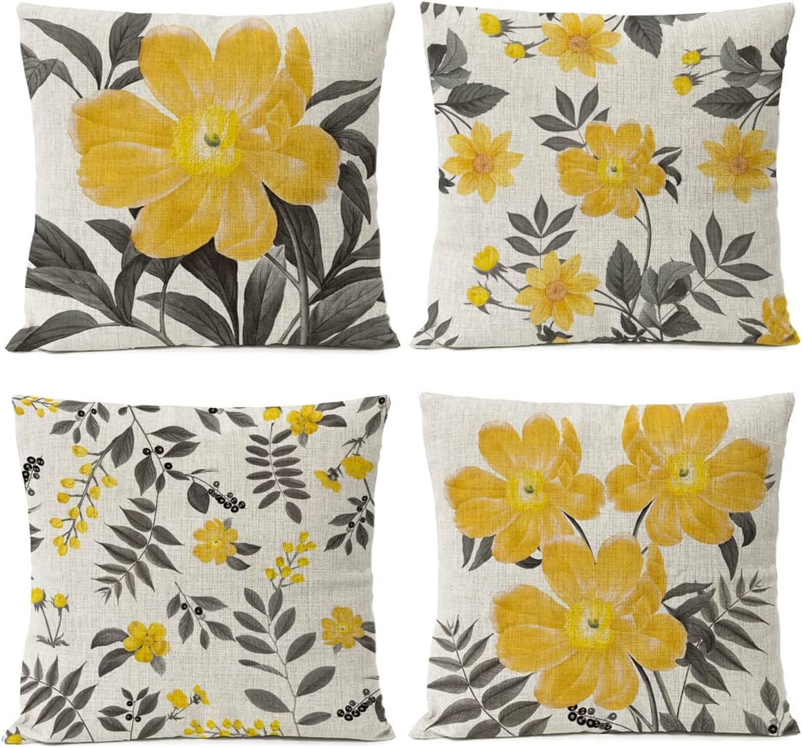 FUNHOM Blue Flowers Pillow Covers 18X18 Set of 4 Leaf Floral Linen Pillow Cover Home Decorative Sofa Leaves Vintage Pillow Cases Cushion Cover