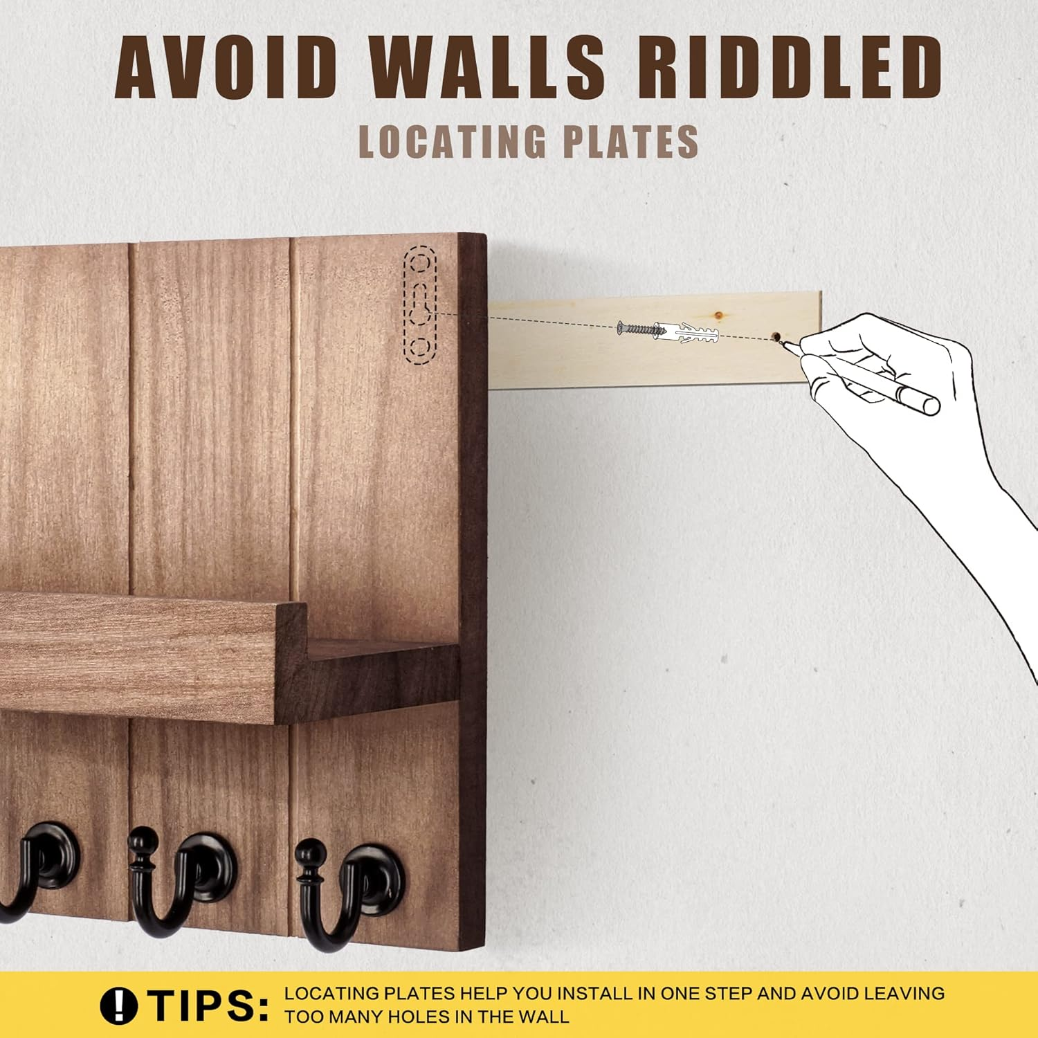 Rebee Vision Decorative Key Holder for Wall - Rustic Key Hooks with Shelf and Mail Organizer Wall Mount for Farmhouse Home Decor or Living Room - Home Essentials for New Home (Retro Brown) image number 3