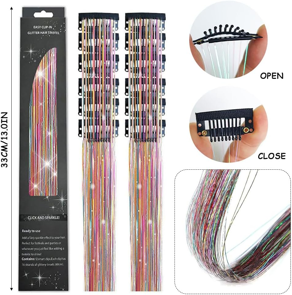 Homiliky 12Pcs Hair Tinsel Clips, Rainbow Fairy Hair Tinsel Kit with 33Cm Glitter Hair Extensions for Women Girls, Party Hair Accessories for Christmas Halloween image number 1