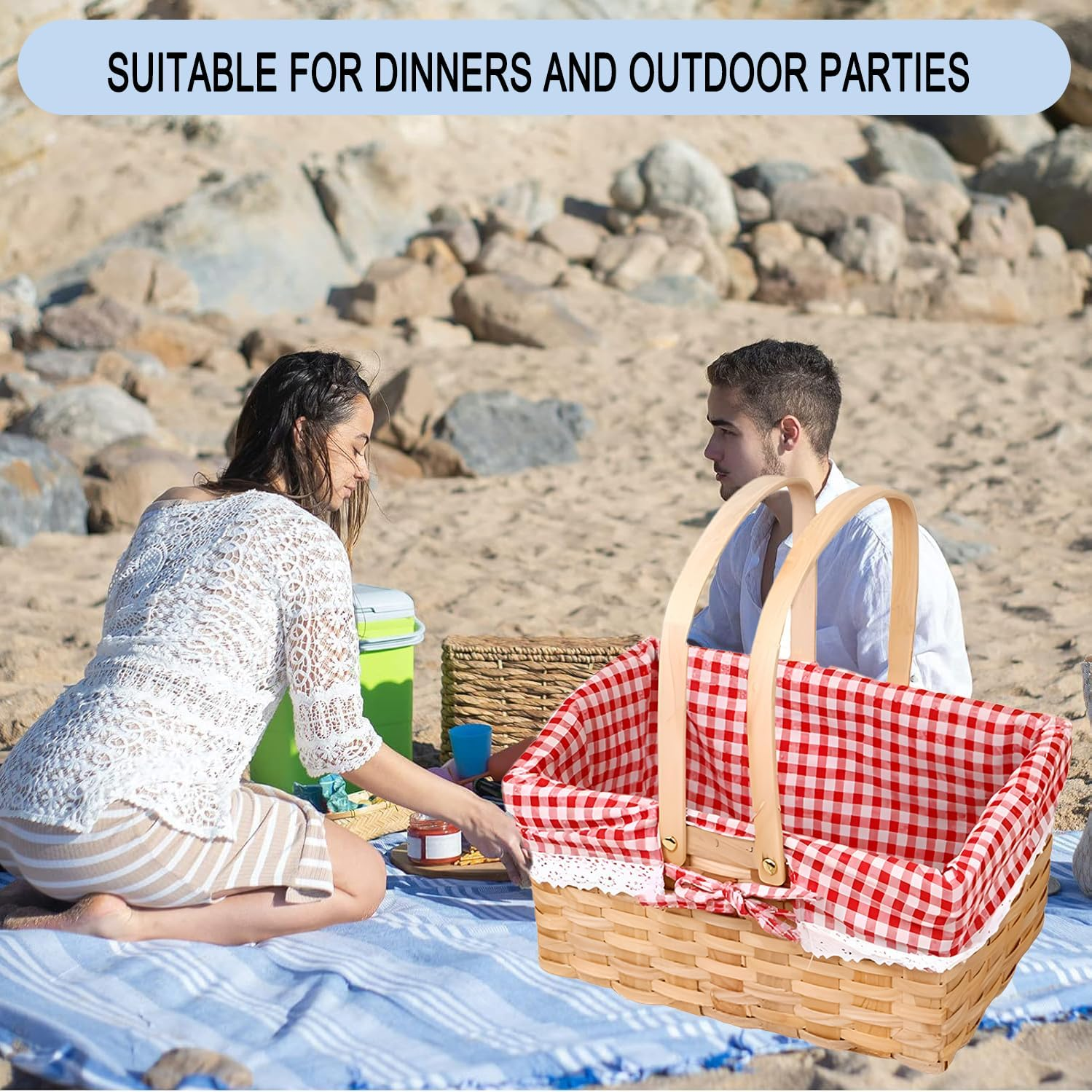 Wicker Basket with Double Folding Handle, Picnic Basket Hand Woven Basket Storage Basket Flower Girl Storage Basket Decorative Basket, Willow Basket, Linen Gift Wedding Baskets image number 6