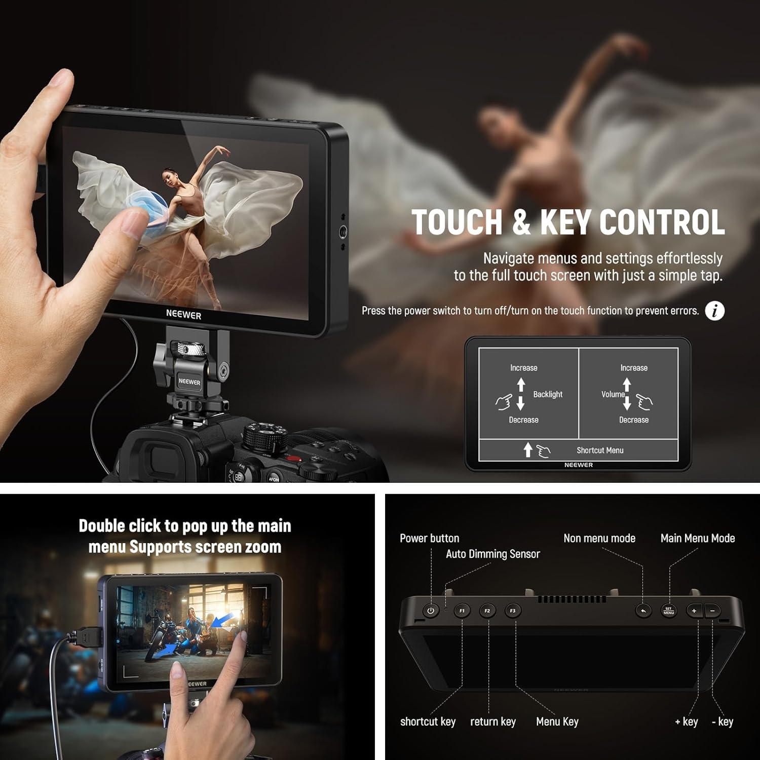 NEEWER F700 7" Camera Field Monitor, 2000Nit HD 1920X1080 IPS Touch Screen with 3D LUT, 4K HDMI Loop In/Out with Peak Focus DSLR Video Assist HDR Waveform, Cold Shoe Mount, 5200Mah Battery & Cable image number 5