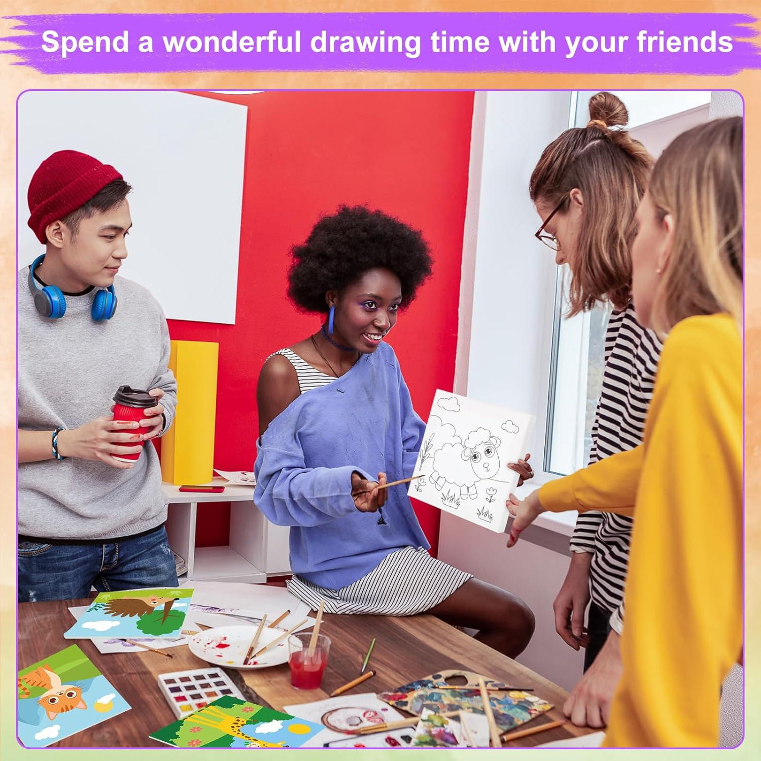 Teling 12 Pcs Pre Drawn Stretched Canvas Kit for Adults Painting Pre Printed Canvas Outline for DIY Painting Party Favor,6 X 6 X 0.6 Inches(Animal) image number 3