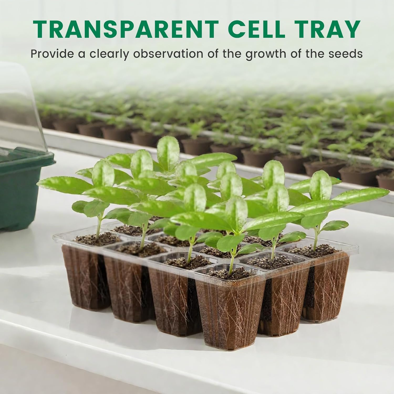 Bonlux 5 Packs Seed Starter Tray with Plant Light, Elevated Seedling Starter Trays Kits with Adjustable Humidity Domes and Clear Cell Tray, 4 Full Spectrum Led Lamp Beads for Plants Indoor-Green image number 1