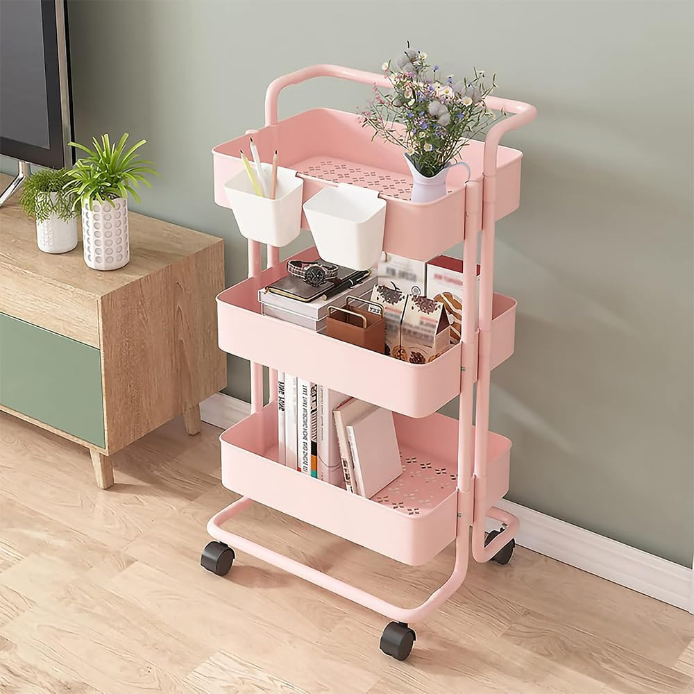 3 Tier Rolling Cart, Mobile Utility Cart with Handle, Multifunctional Organizer Storage Trolley, Storage Shelves for Office, Kitchen, Craft Room (Pink) image number 2