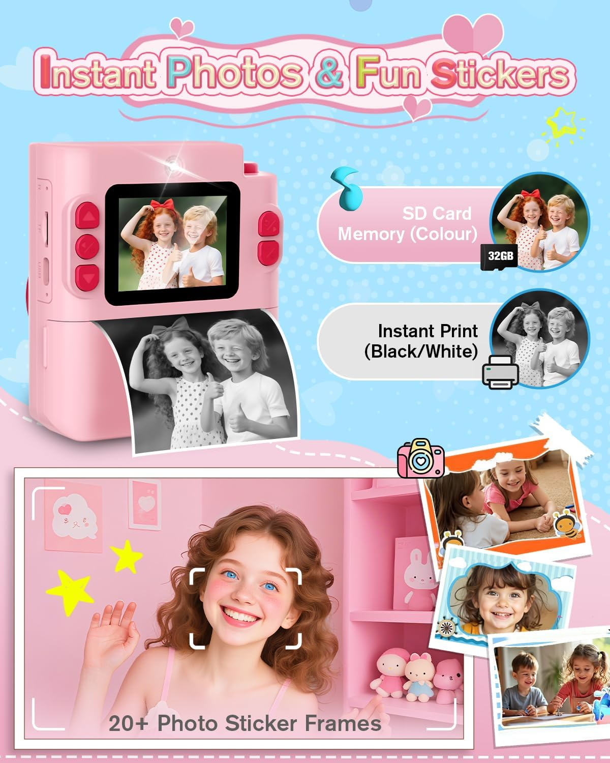 MYSTILUCK Kids Camera Instant Print, 1080P Instant Camera for Kids, Children Digital Cameras with 3 Rolls Photo Paper & 32GB Card, Christmas Birthday Gifts Toys for Boys & Girls Aged 3-12（Pink） image number 6