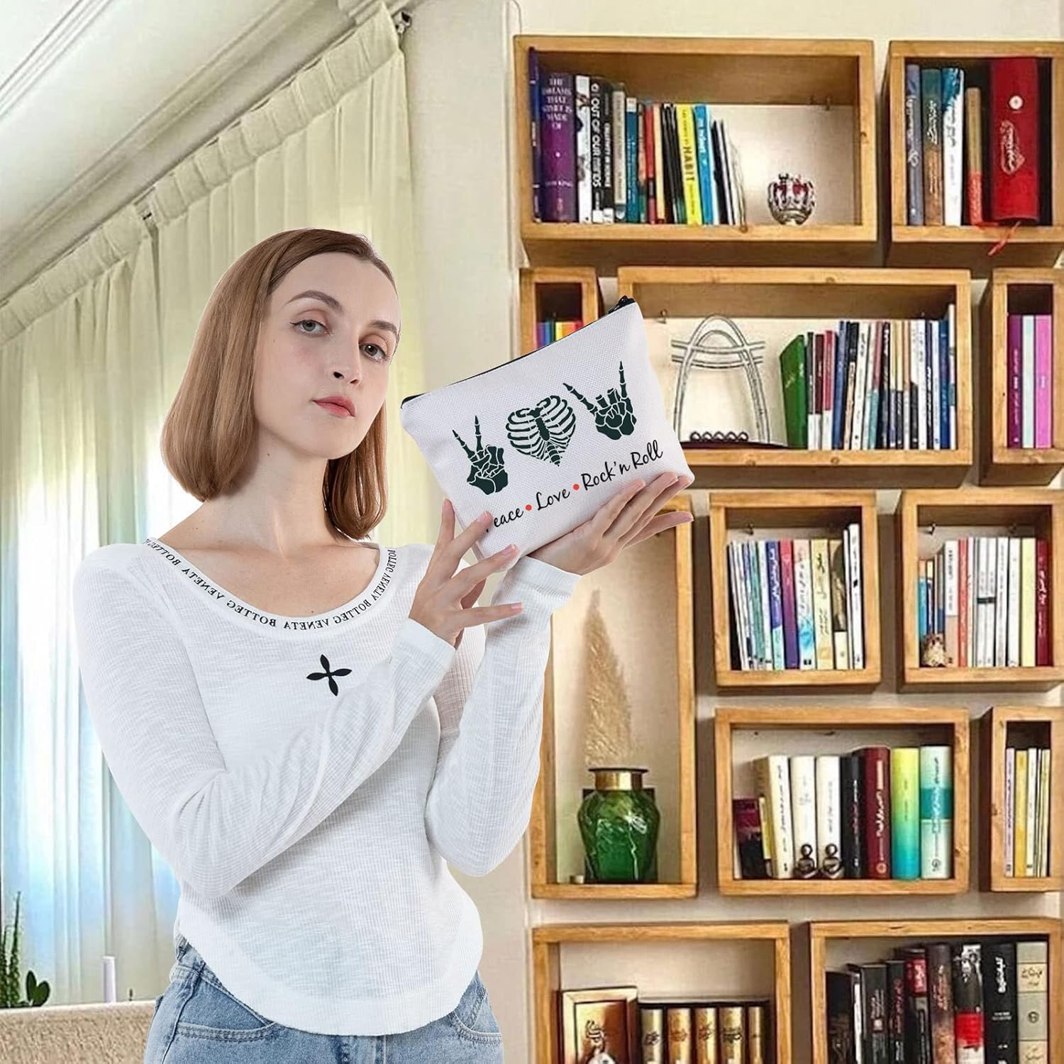 LEVLO Funny Rock and Roll Cosmetic Bag Guitar Retro 80S Hippie Hippi Gift Peace Love Rock'N Roll Makeup Zipper Pouch Bag for Friend Family, Peace Love Rock'N Roll image number 5