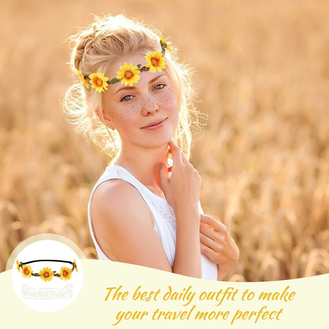 LQIOACU Pack of 2 Flower Wreath Sunflower, Headband Girls Spring, Sunflower Costume Women, Flower Decoration Hair, with 2 Children'S Tattoos image number 1