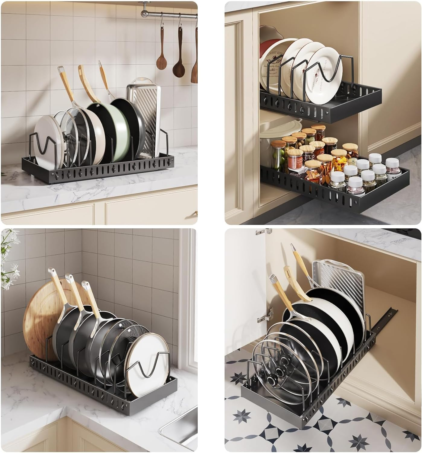 FORYUSE 2 Pack Pull Out Pots and Pans Organiser under Cabinet Sliding Lid Holder Rack Slide Out Bakeware Dishes inside Cabinet Kitchen Storage 8 Adjustable Dividers image number 2