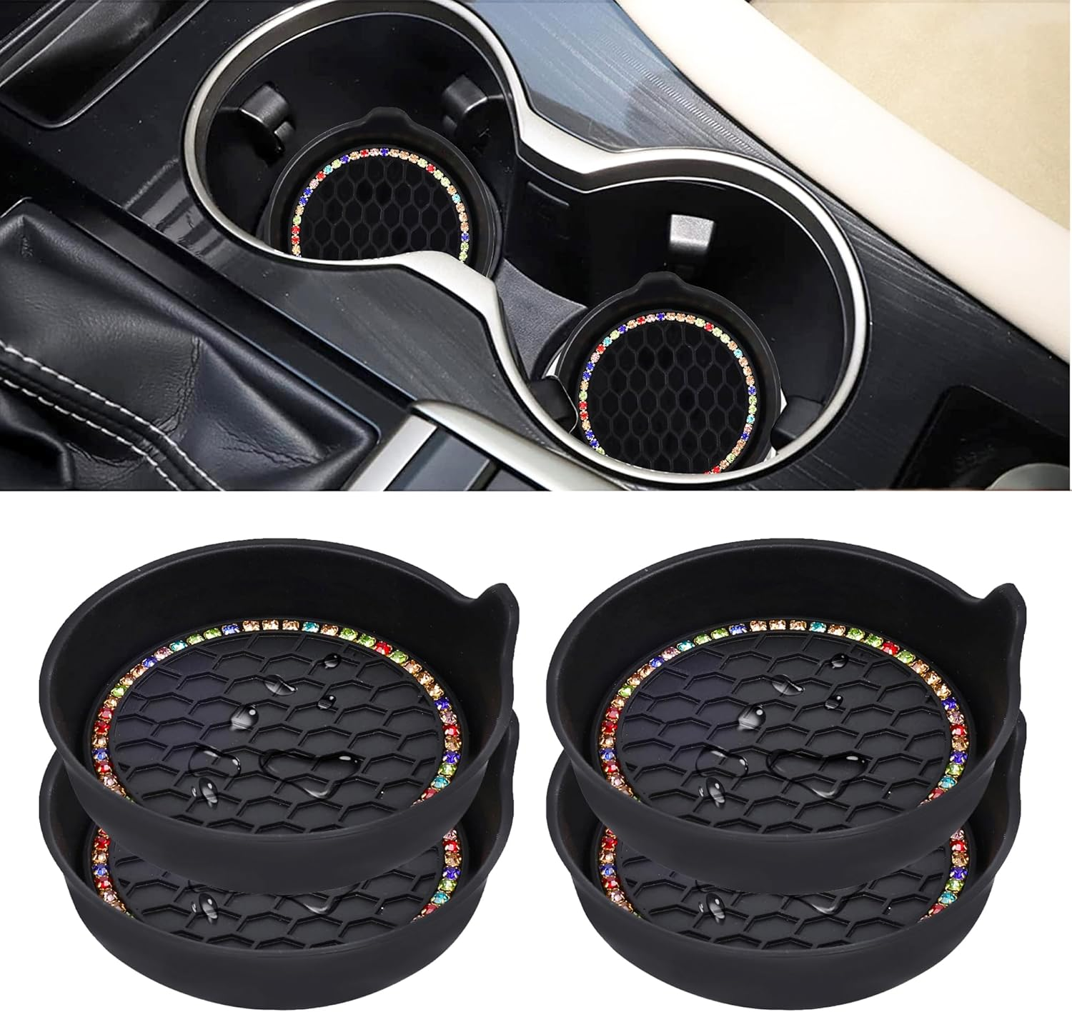 Toiyason Car Cup Coaster Universal Vehicle Spill Holder Automotive Interior Accessory with Bling Rhinestone Red 4 Pack