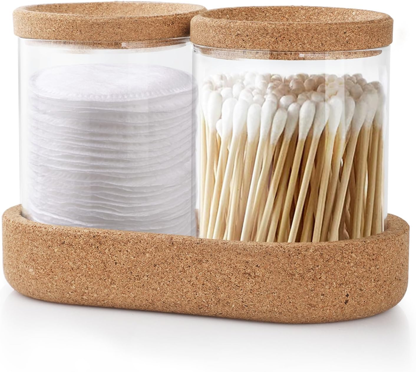 Anhow 3 Pack Qtip Holder Dispenser, Makeup Organizer with Cork Lids and Cork Pallet Cosmetic Display Cases Cotton Pad Dispenser for Cotton Ball, Cotton Swab, Cotton round Pads, Floss - Clear